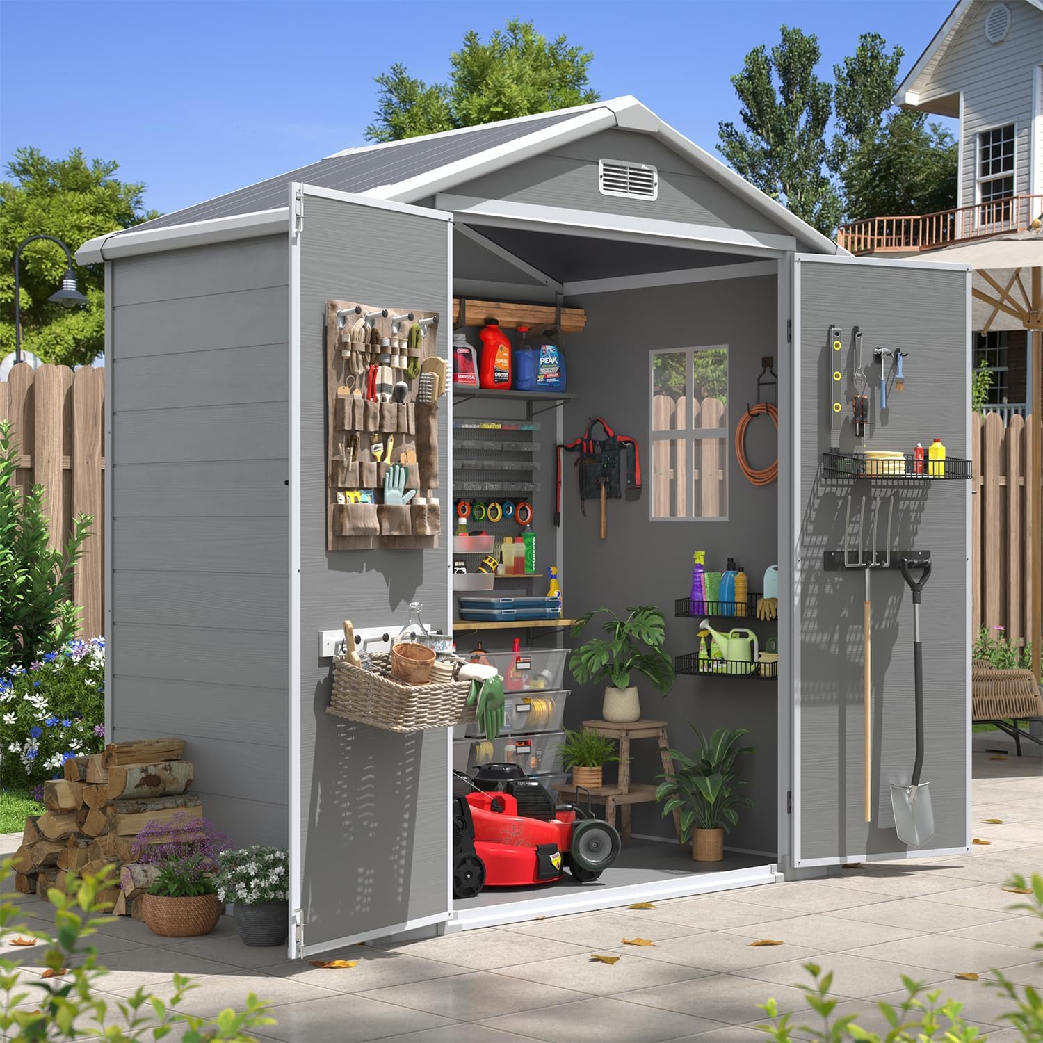 Aoxun 6x4 FT Outdoor Storage Shed, Plastic Garden Resin Shed with Floor and Window for Patio, Lawn, Outdoor Storage with Lockable Door for Bike, Garbage Can, Tools, Grey Aoxun 6x4 FT Outdoor Storage Shed, Plastic Garden Resin Shed with Floor and Window for Patio, Lawn, Outdoor Storage with Lockable Door for Bike, Garbage Can, Tools, Grey