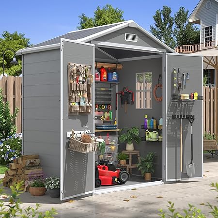 Aoxun 6x4 FT Outdoor Storage Shed, Plastic Garden Resin Shed with Floor and Window for Patio, Lawn, Outdoor Storage with Lockable Door for Bike, Garbage Can, Tools, Grey