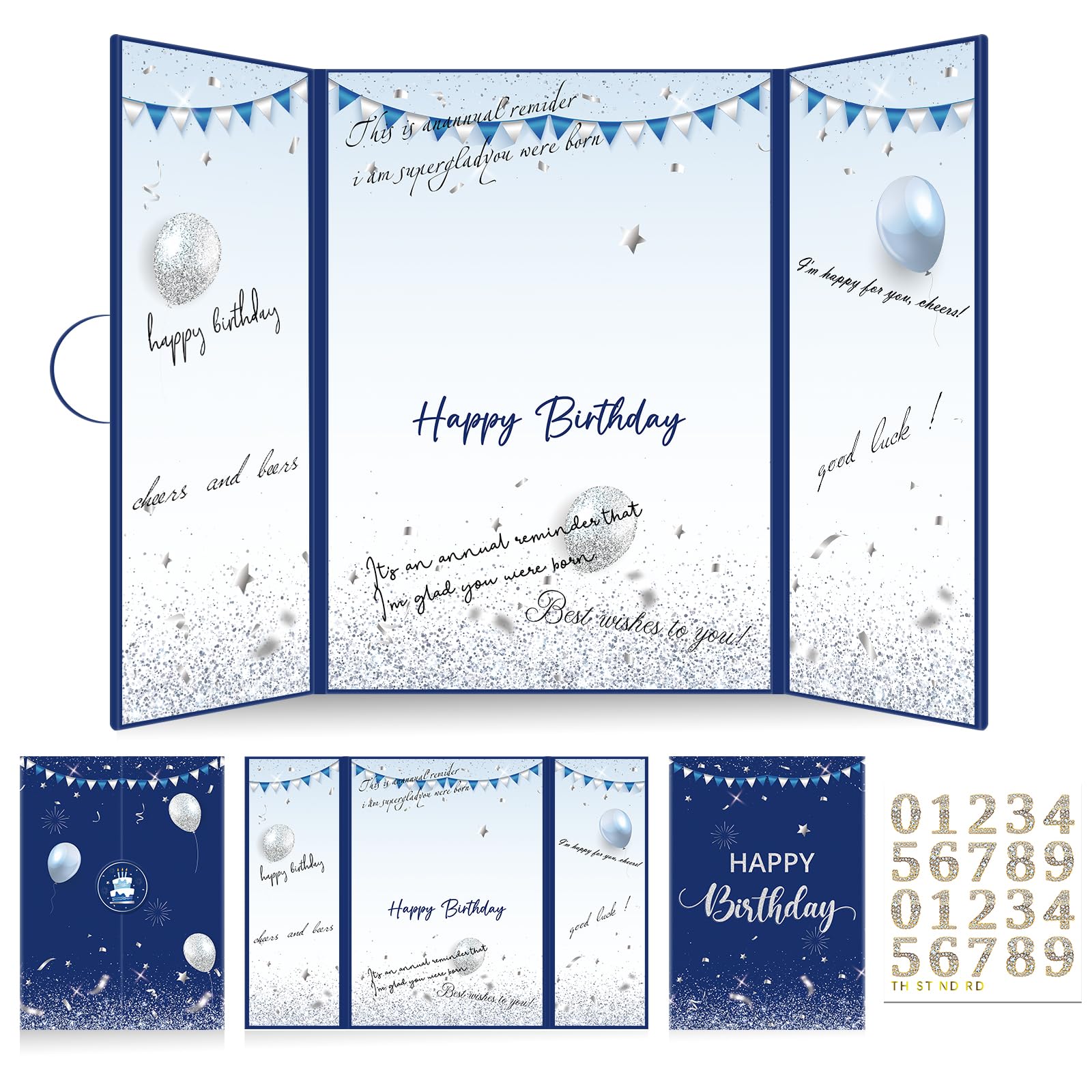 Happy Birthday Signature Guest Book, with Number Stickers Suitable for Any Year, Blue Silver Birthday Card, Birthday Sign in Book Happy 30th 40th 50th 60th Birthday Decoration Signature Book