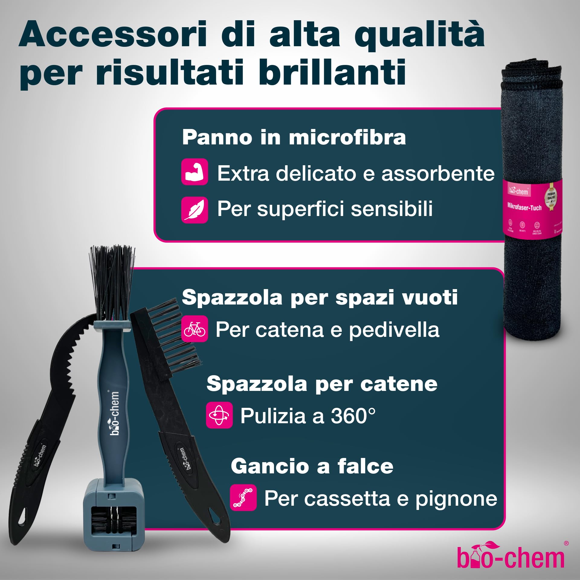 bio-chem - Profi Set 7 prodotti per la pulizia della bicicletta - Detergente completo 750ml - Sgrassatore per catena 750ml - Olio lubrificante 100ml - Panno e spazzole incluse