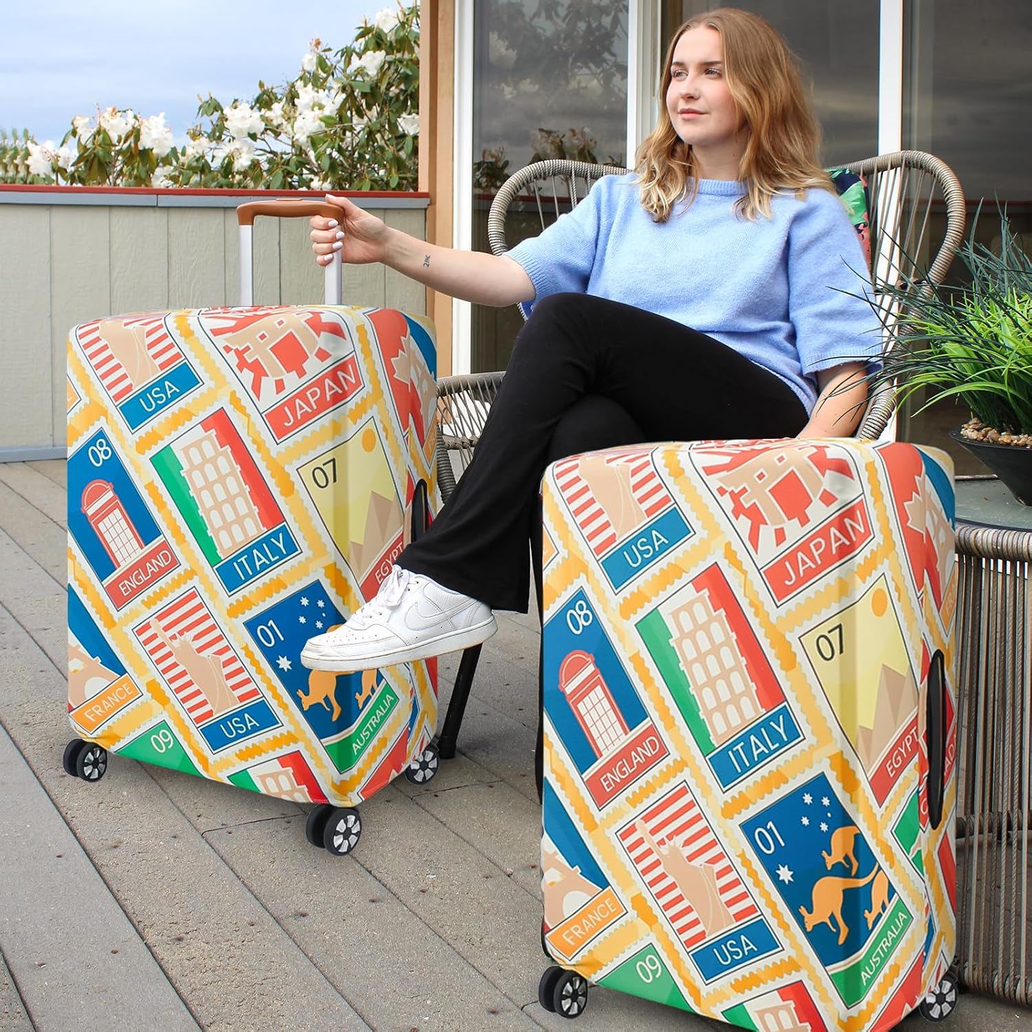 3 Pieces Luggage Covers For Suitcase Tsa Approved, 20" 24" 28" Elastic Suitcase Cover Protector, Anti-Scratch Travel Suitcase Cover Fits 19-28 Inch Luggage (Retro Stamps, S/M/L)