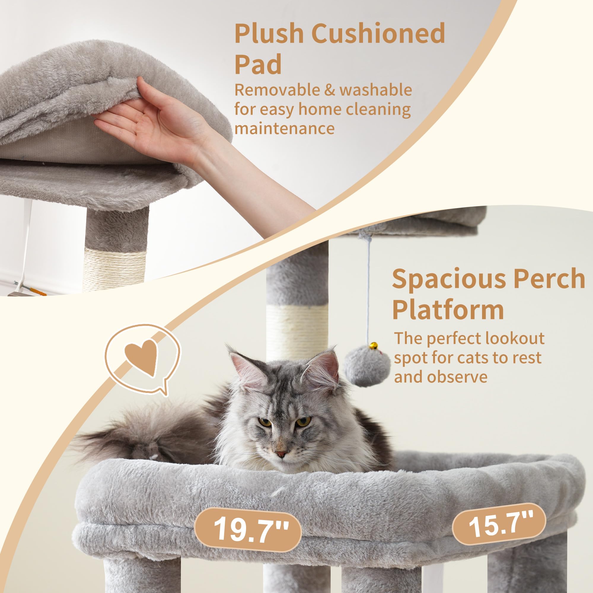 Heybly Árbol para Gatos, 180 Cm con Rascador para Gatos, Base Extra Estable, Plataforma XL, Casa Grande, 2 Hamacas, Ideal para Razas Grandes, Gris Claro HCT037W