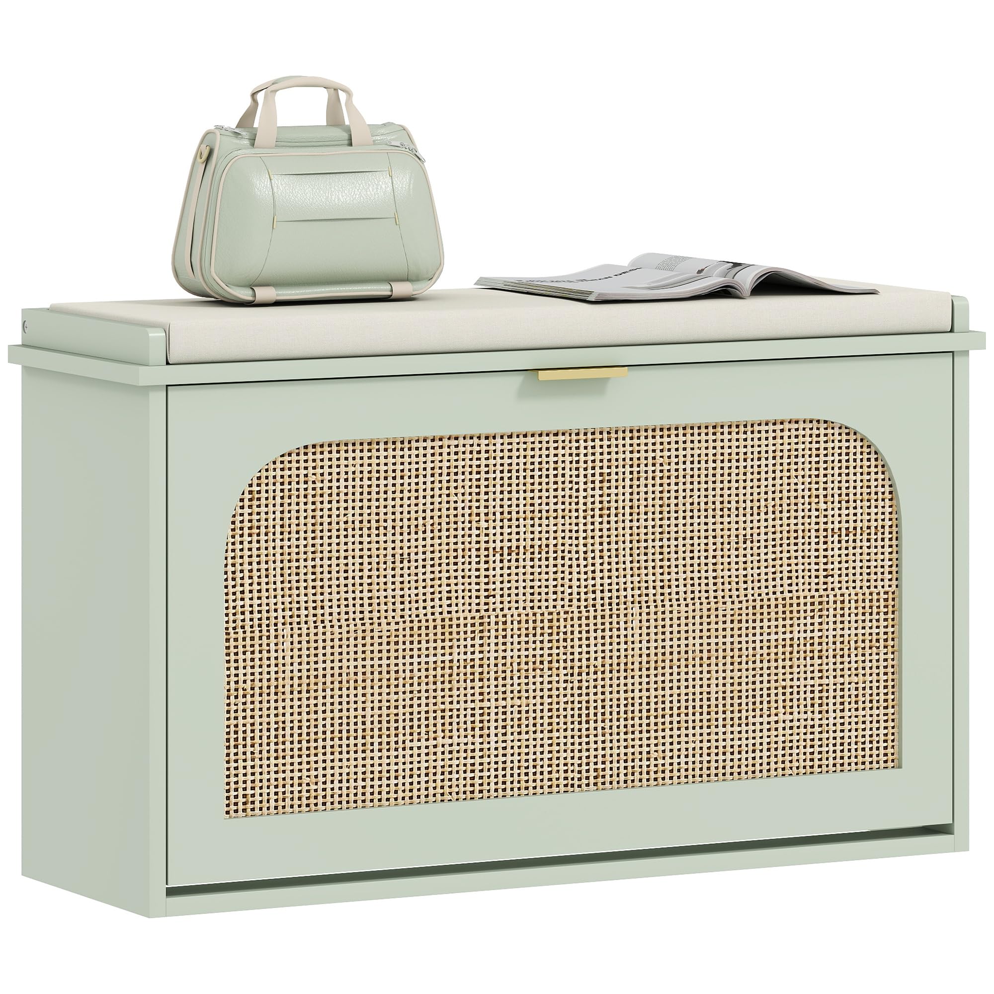 HOMCOM Hallway Shoe Bench with Padded Seat Rattan Flip-Drawer Storage Green