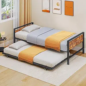 DWVO Twin Daybed with Trundle, Metal Sofa Bed Frame with Wood Headboard and Pull-Out Trundle, Adjustable Height Trundle Daybed for Guest Room, Living Room, Easy Assembly, Black