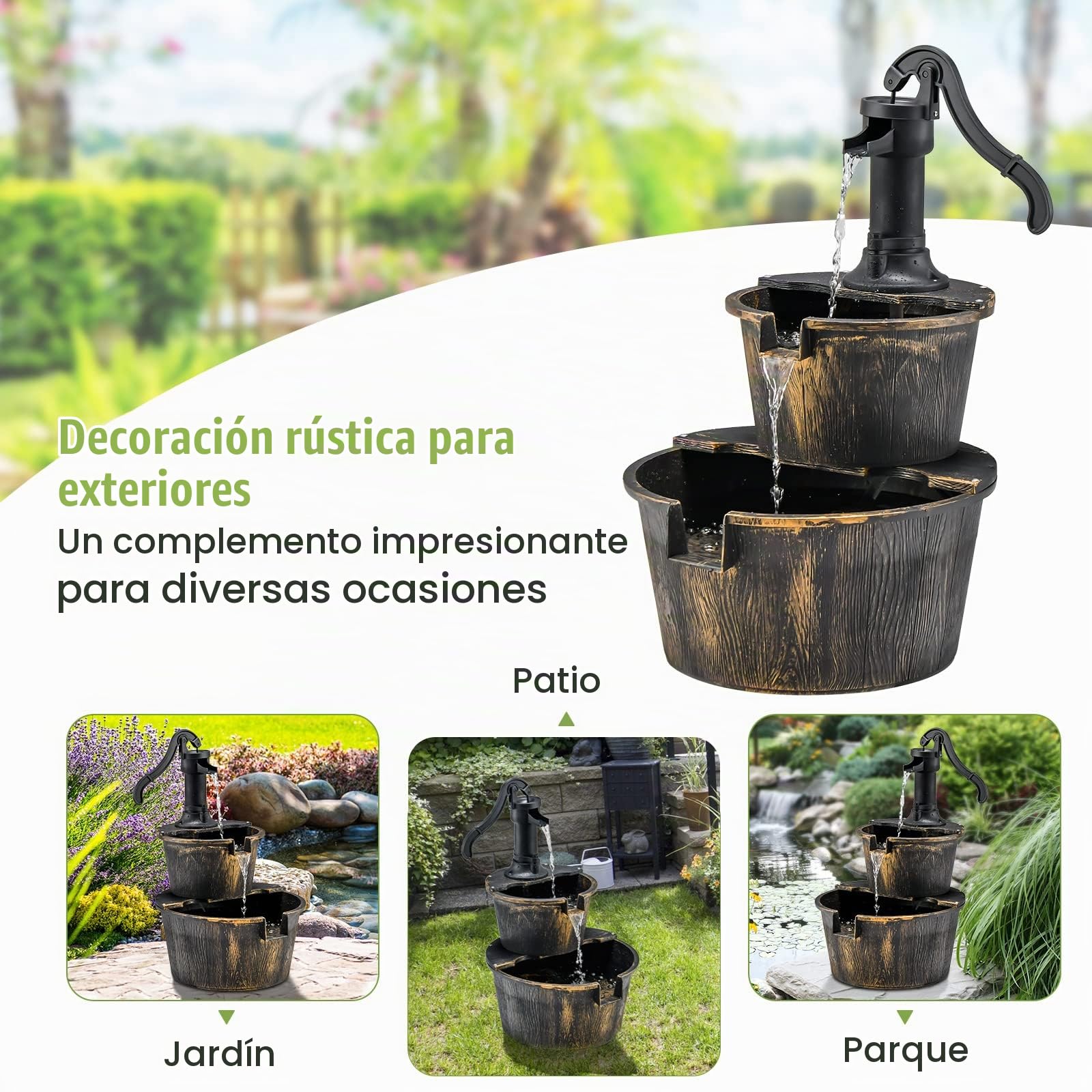 RELAX4LIFE Fuente de Jardín con Bomba de Agua, Fuente Decorativa 2 Niveles, Fuente Escalonada con Cascada Regulable, Fuente Decorativa de Jardín para Terraza, Jardín, Balcón, 45,5 x 41 x 68 cm