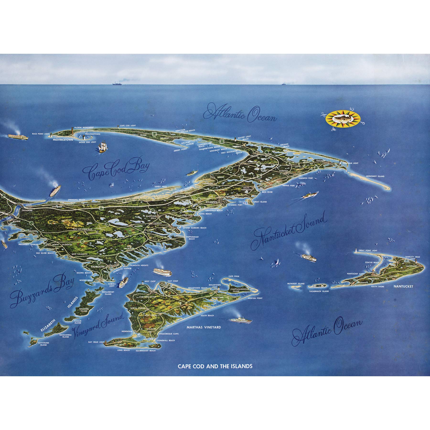 Macdonald 1958 Map Cape Cod Islands Bird's Eye Extra Large XL Wall Art Poster Print