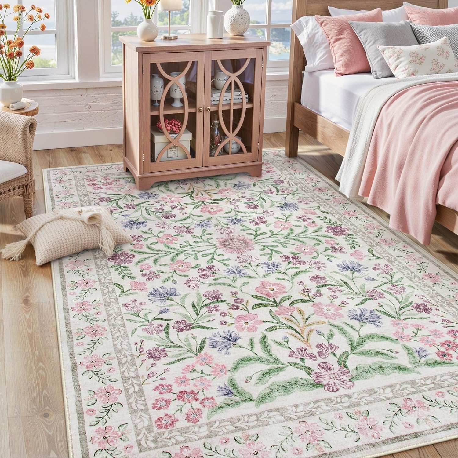 (Similar to) Lahome Sylvie Boho Purple Floral 5x7 Area Rugs, Washable Rugs for Bedroom Nursery Decor, Soft Non-Slip Lavender Carpet for Kids Room Girls Playroom Living Room, Pale Lilac/Pink 5' x 7' (Rectangular) Pale Lilac