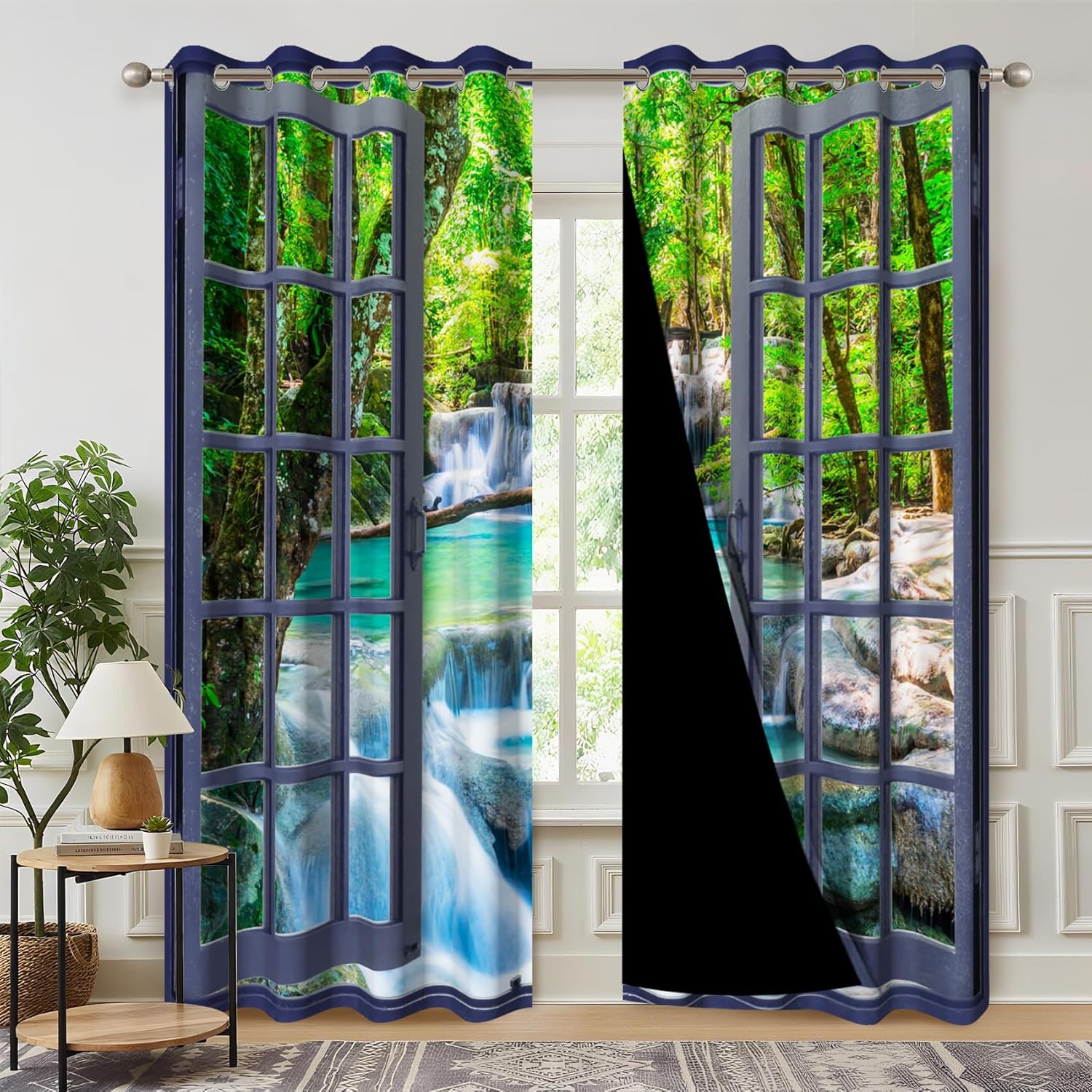 Waterfall Blackout Curtains 3D Print Window View Nature Landscape Window Drapes for Living Room River Curtain Panel with Thermal Insulated Grommet,2 Panels,Each W53 xL85