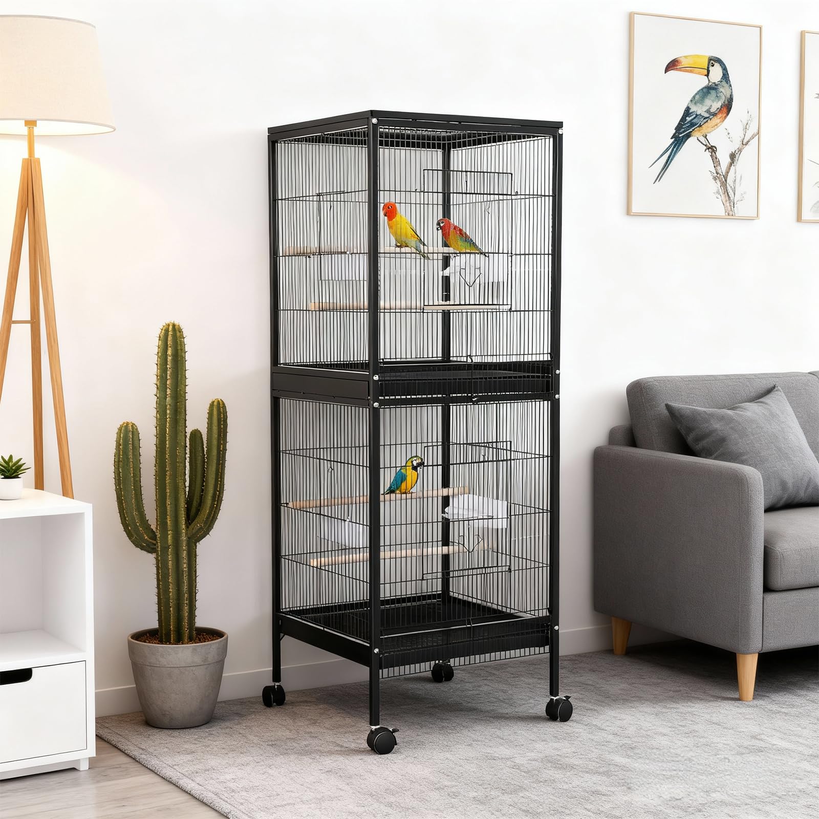Vogelkäfig Groß 52 x 50x143cm, Papageienkäfig mit Ständer, Voliere auf Rollen, Birdcage mit 4 Sitzstangen, Vogelvoliere mit Rollen, Nymphensittich Käfig, Vogelkäfig Wellensittich