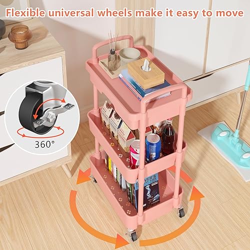 Miniatura 8 de Calmootey Carrito utilitario rodante de 3 niveles con cajón, organizador de almacenamiento multifuncional con estante de plástico y rueda de metal,