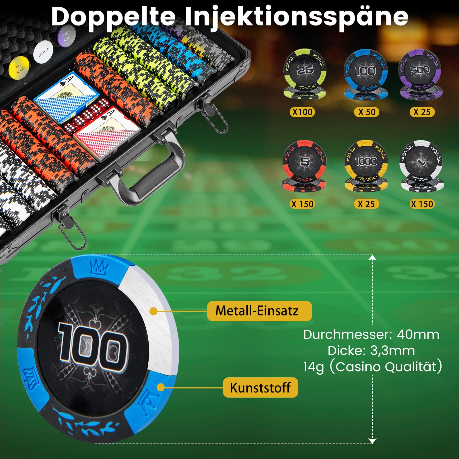 GOPLUS Zestaw do pokera z 300 laserowymi żetonami do pokera, 14 g żetonami, 2 taliami kart, 3 przyciskami dystrybutora i 5 kostkami, kompletny zestaw do pokera z zamkiem
