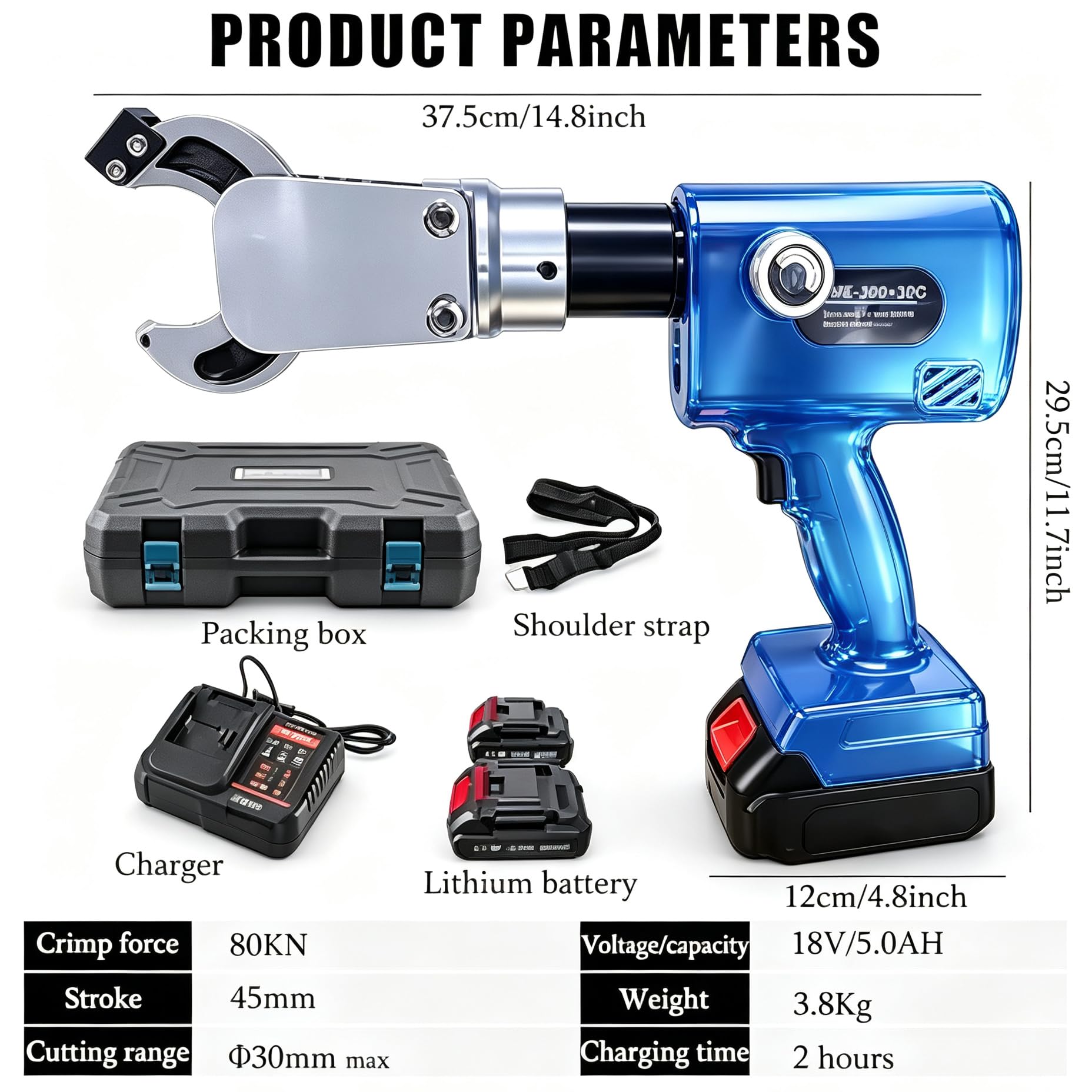 Cortacables Eléctrico Inalámbrico 80 Kn Con Kit Cizalla Hidráulica,30MM | Cabezal giratorio 360° con 2 baterías 2,5 Ah para electricistas Para cortar cables de cobre y aluminio