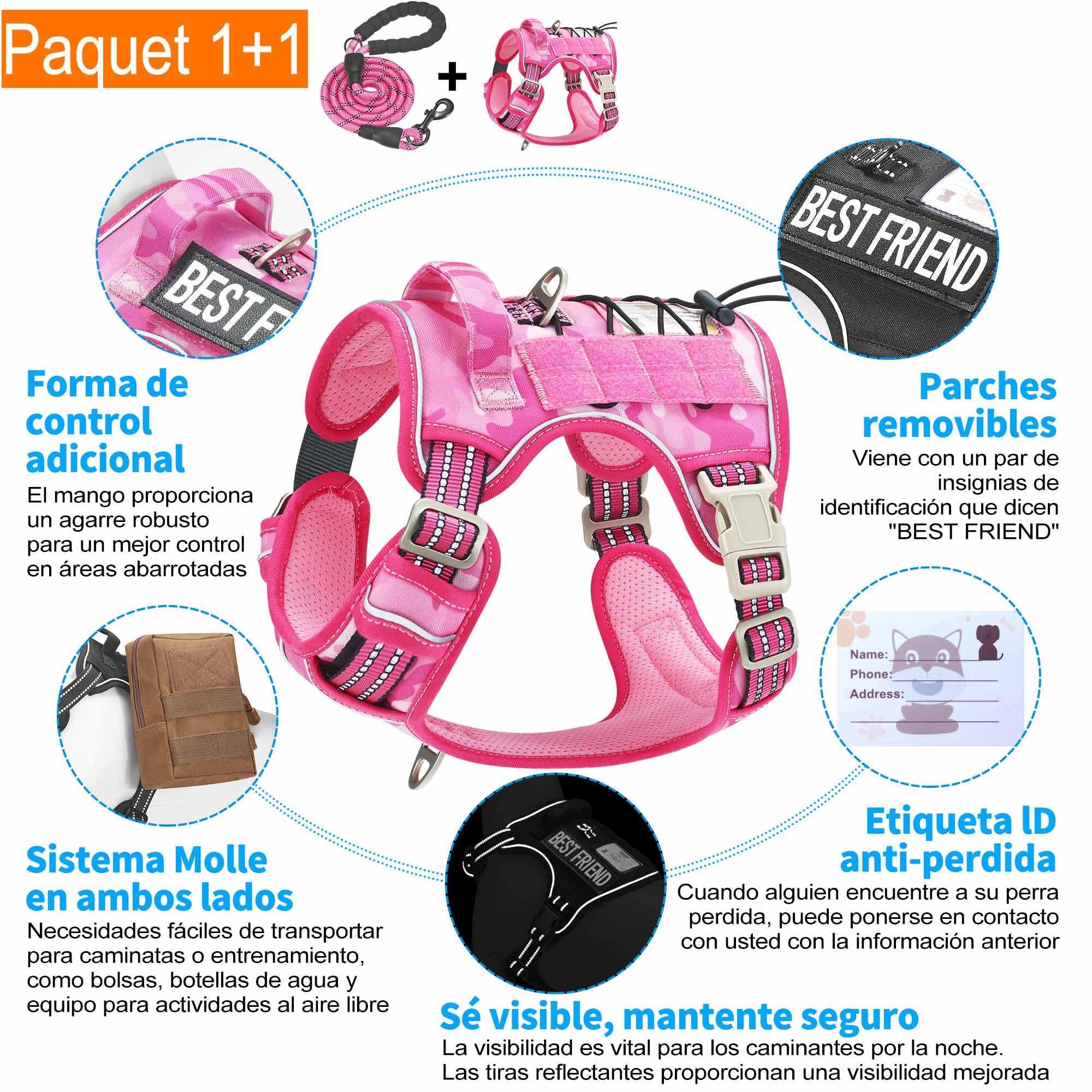 Haapaw Arnés táctico resistente para perros grandes, arnés ajustable para mascotas, reflectante, de fácil control, arnés para perros de trabajo, grande, camuflaje rosa