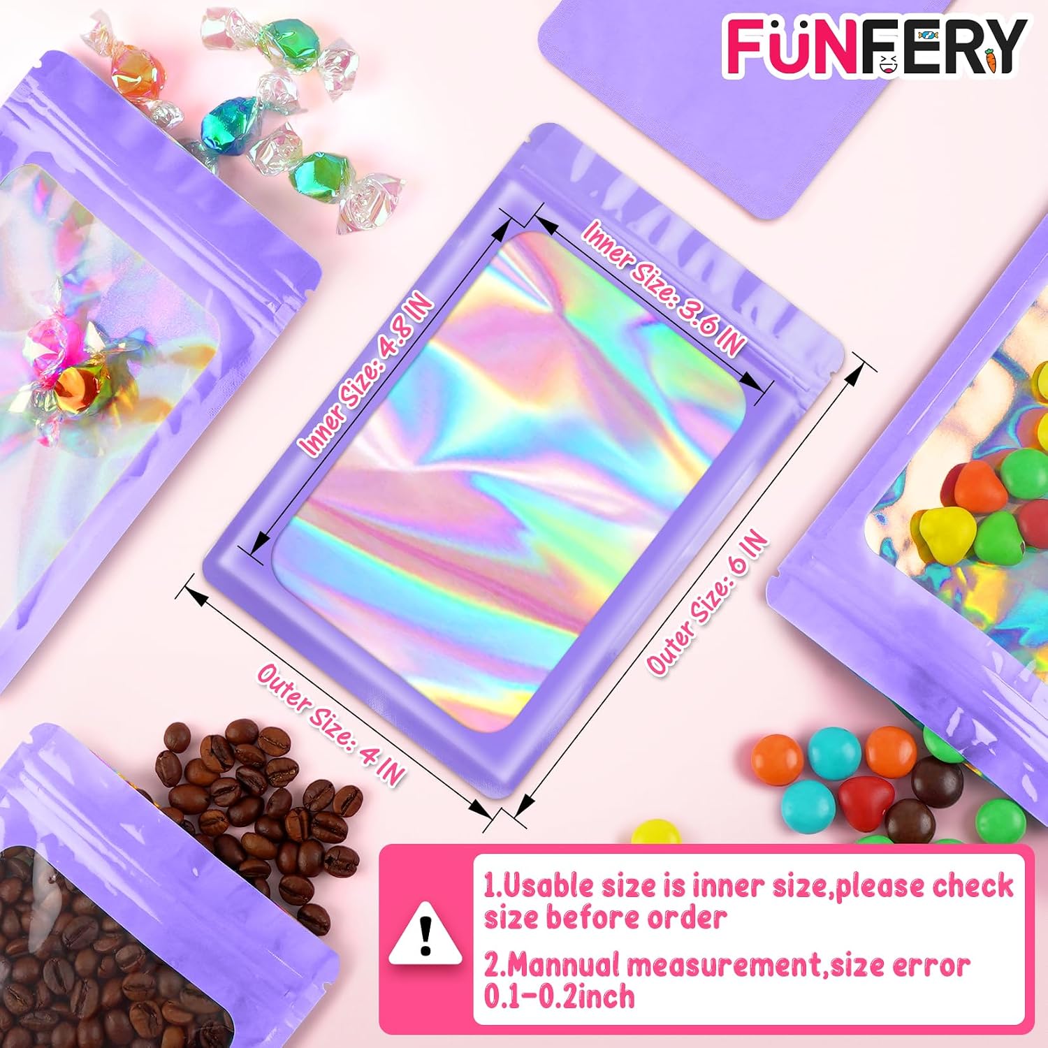Funfery 100 Pack Resealable Bags Clear Holographic Bags,Smell Proof,Purple image 2