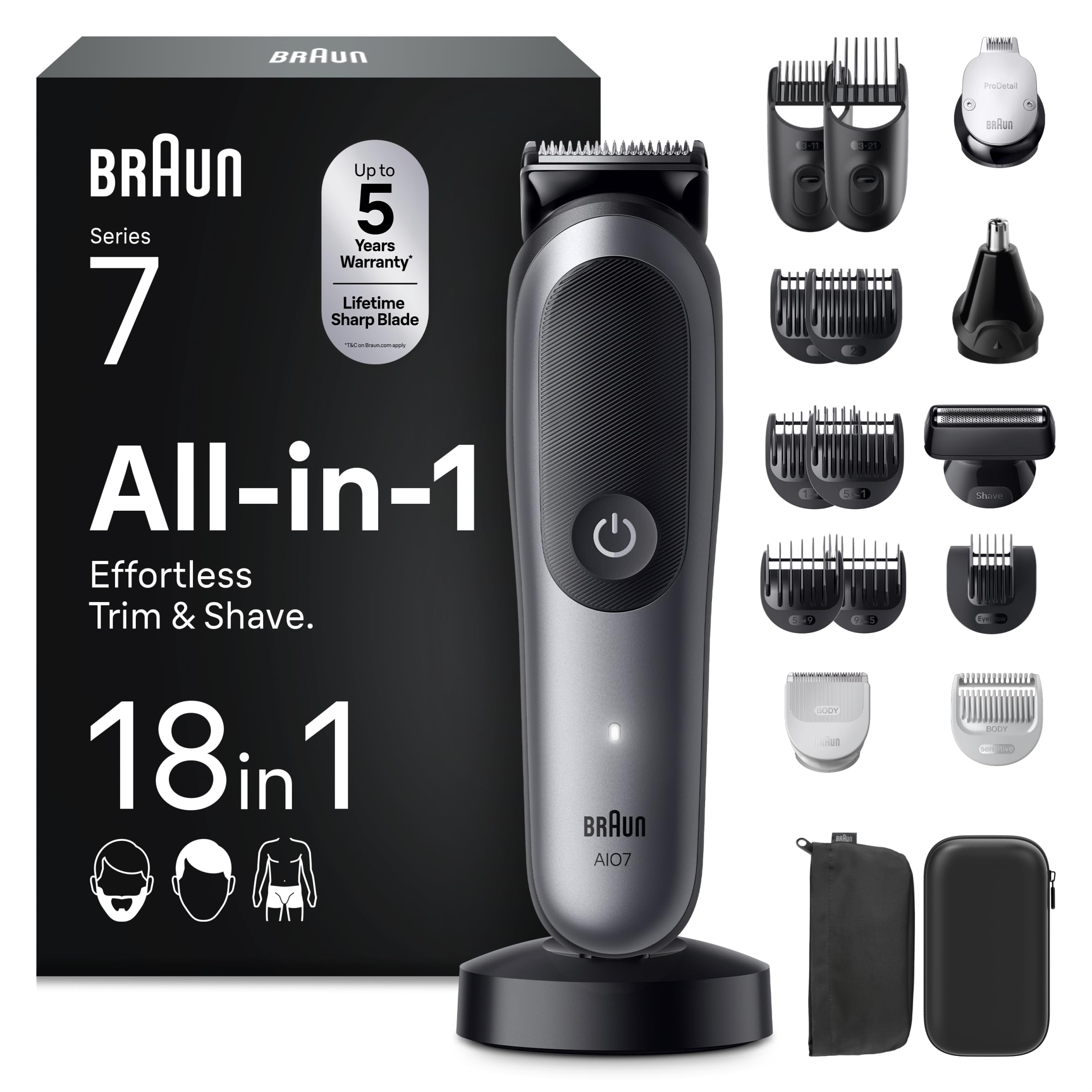 Braun 18-in-1 All-In-One Trimmer, Series 7 Grooming Kit for Men Beard Trimmer, Hair Clipper & Body Groomer with ProBlade, AutoSense, 120 Min Cordless, Waterproof AquaGrip - AIO7585 Grey-image-13