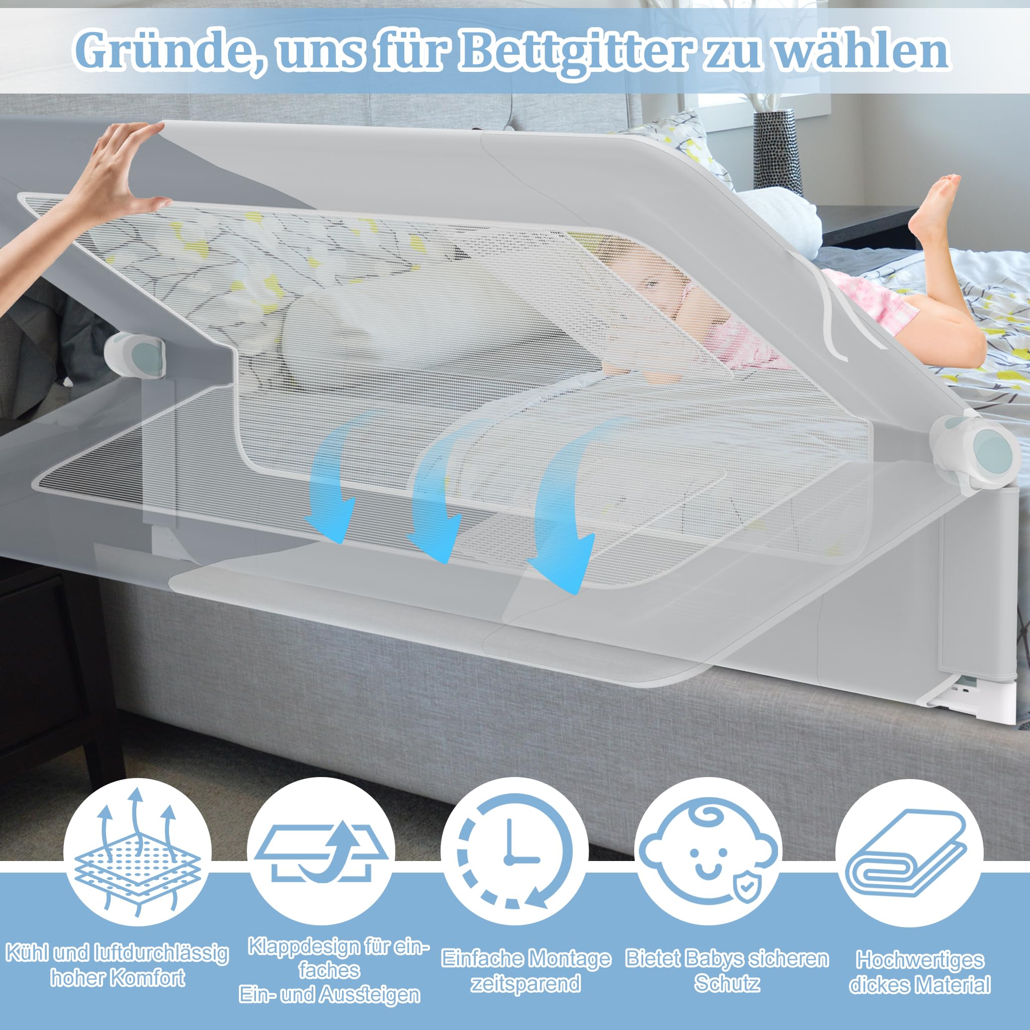 XMTECH Barierka ochronna do łóżeczka dla dzieci, 200 cm, ochrona przed wypadnięciem, składana, przenośna, barierka dla małych dzieci, w wieku 18-5 lat, ciemnoszara + jasnoszara