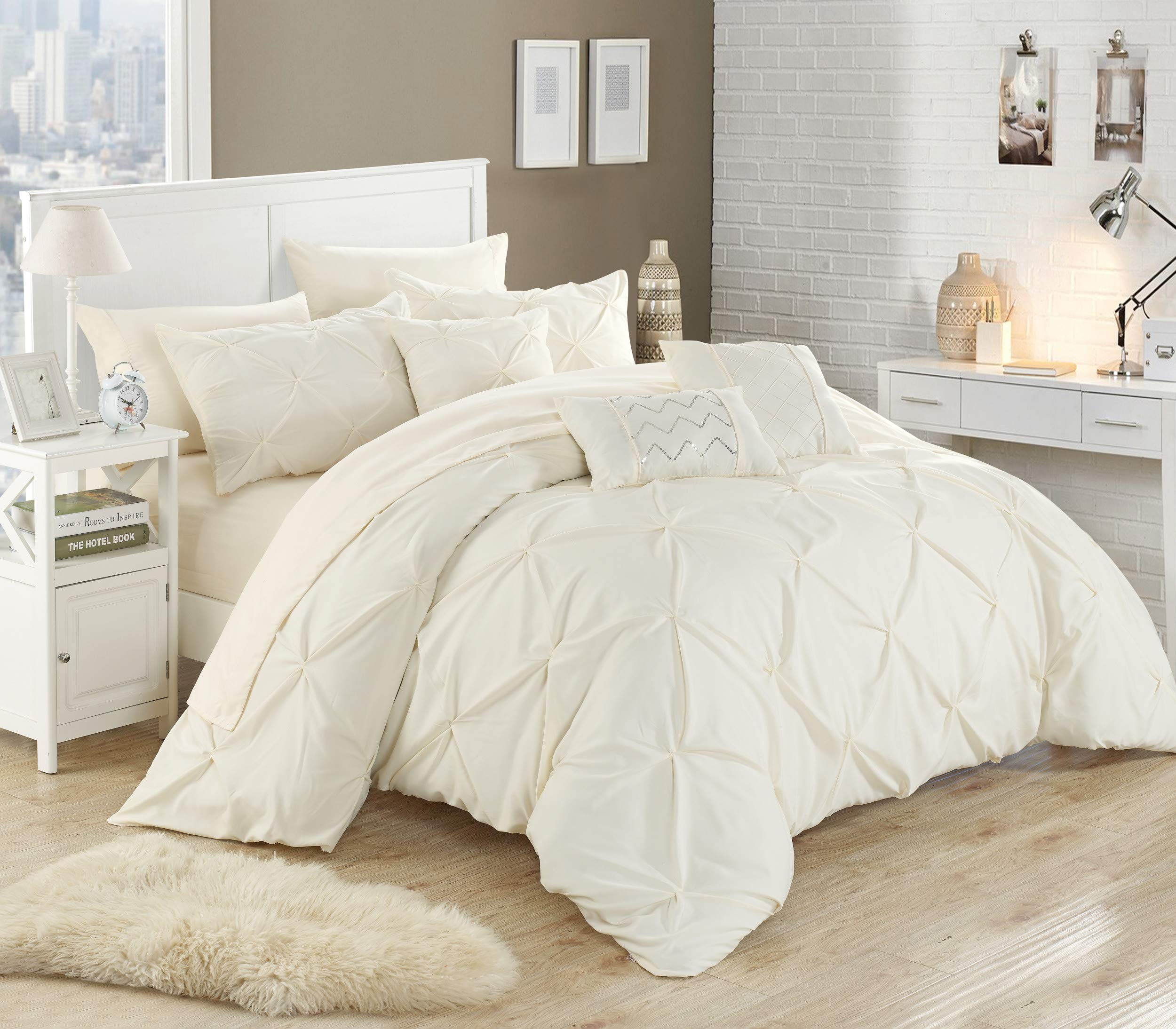 Chic Home 10 Piece Hannah Pinch Pleated, ruffled and pleated complete Queen Bed In a Bag Comforter Set Beige With sheet set
