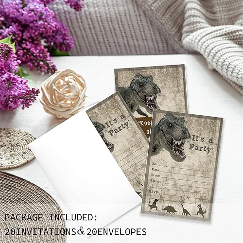 Miniatura 4 de VNWEK T-Rex - Invitaciones de fiesta de cumpleaños de dinosaurio para niños con sobres, con temática de dinosaurio, tarjetas de invitación de