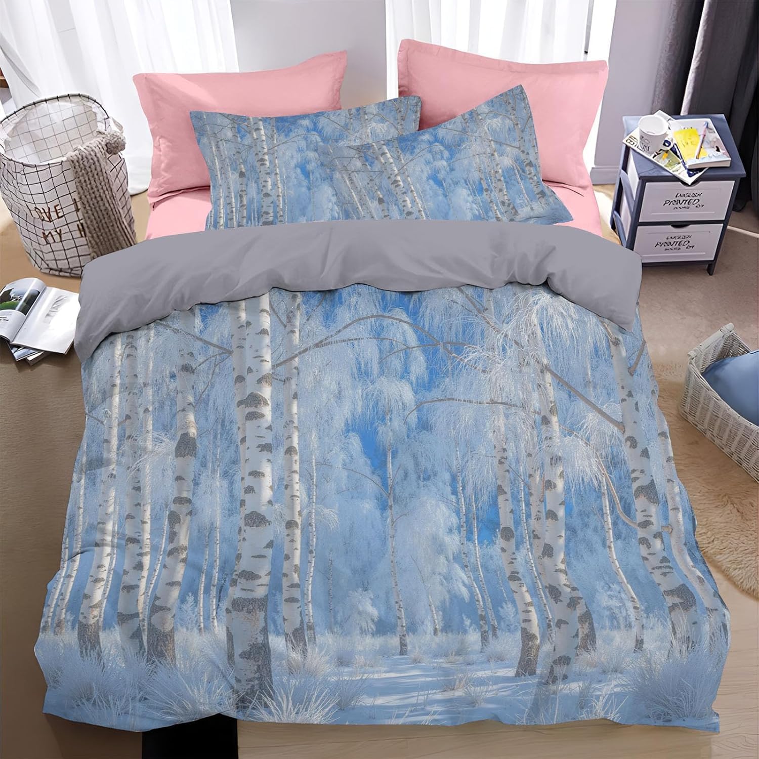 Poszwa na kołdrę Łóżko 135/150 Krajobraz Las 3D Poszewka na kołdrę Zima 240 x 220 cm, lekka i wygodna pościel z mikrofibry z zamkiem błyskawicznym i 2 poszewkami na poduszki Łatwa w pielęgnacji M/7377