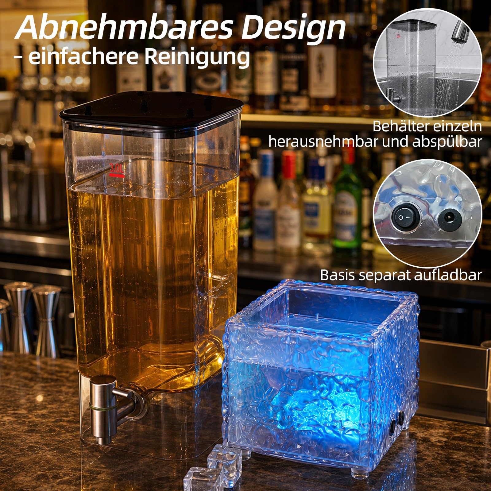 3L Biersäule mit LED-Leuchtsockel, Getränkespender mit Zapfhahn, USB-aufladbarer Getränketower mit Edelstahl-Zapfhahn für Bier, Cocktails, Fruchtgetränke, Partys & Gastronomie