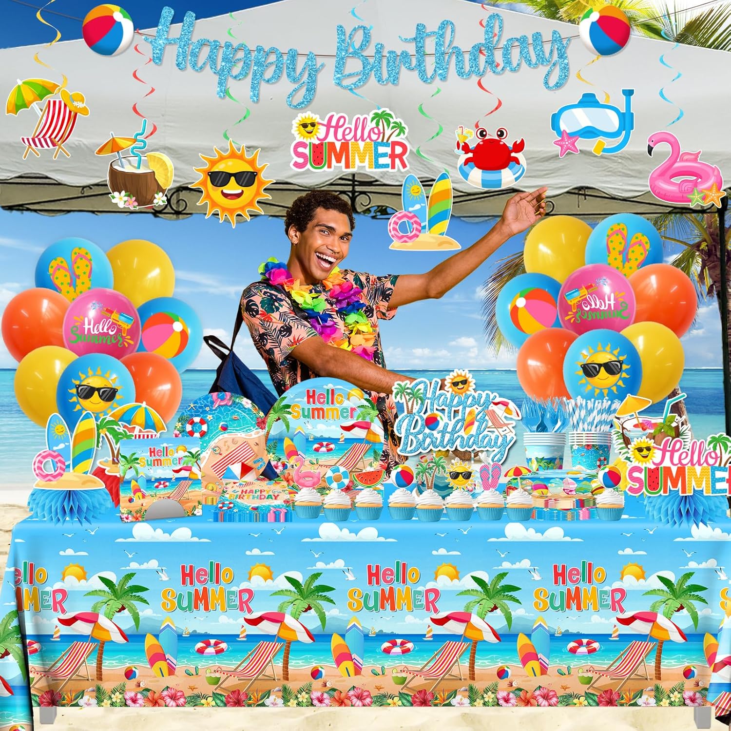 Beach Birthday Decorations Hello Summer Party Tableware Disposable Paper Plates,Napkins,Tablecloth,Cups,Balloon,Cake Topper,Banner for Hawaiian Summer Pool Themed Birthday Party Supplies,Serve 24