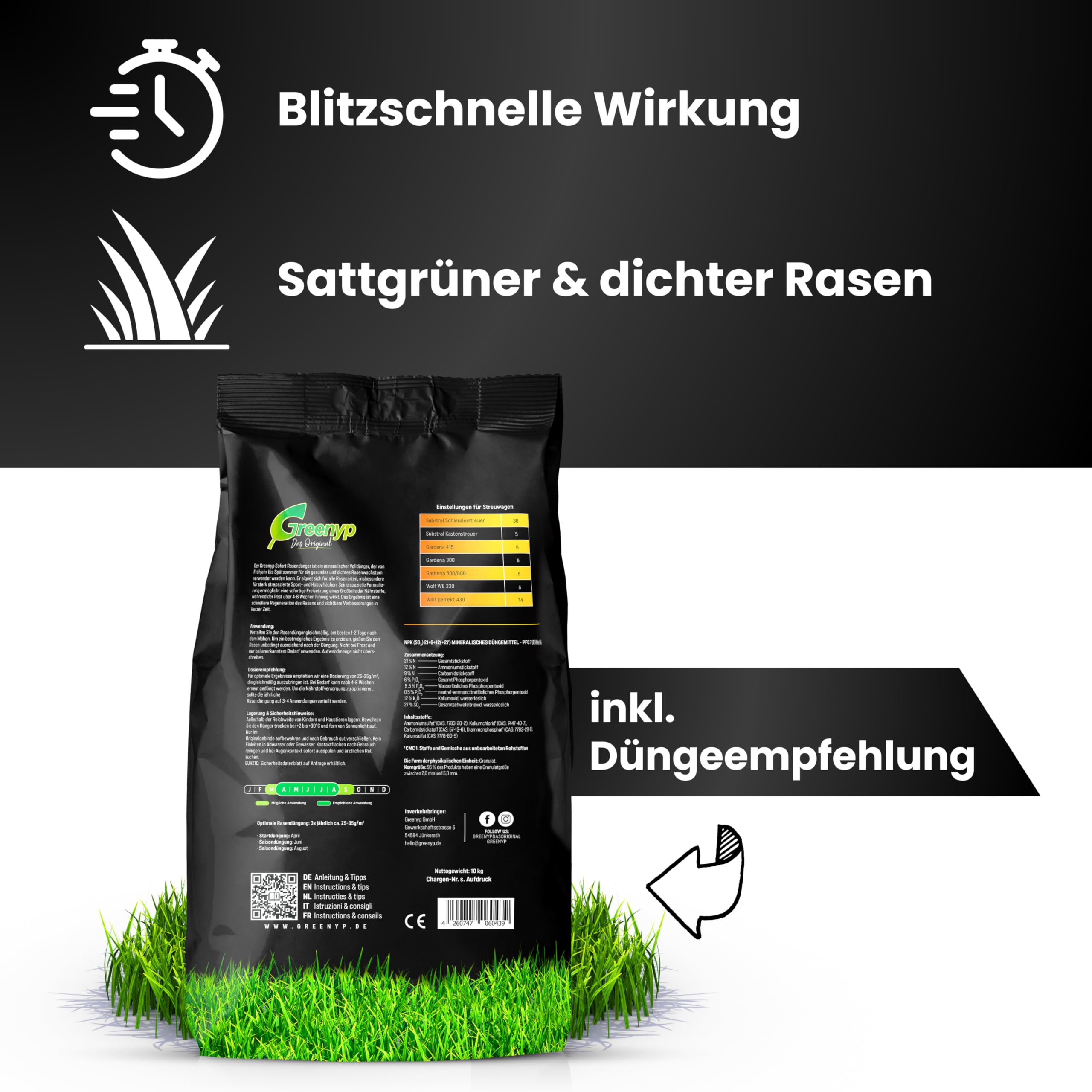 Greenyp Instant Rasendünger Frühjahr I 20kg für 800m² I mit blitzschneller Sofortwirkung für Frühjahr bis Spätsommer I verhindert Moosbildung I NPK Dünger Rasen Dünger