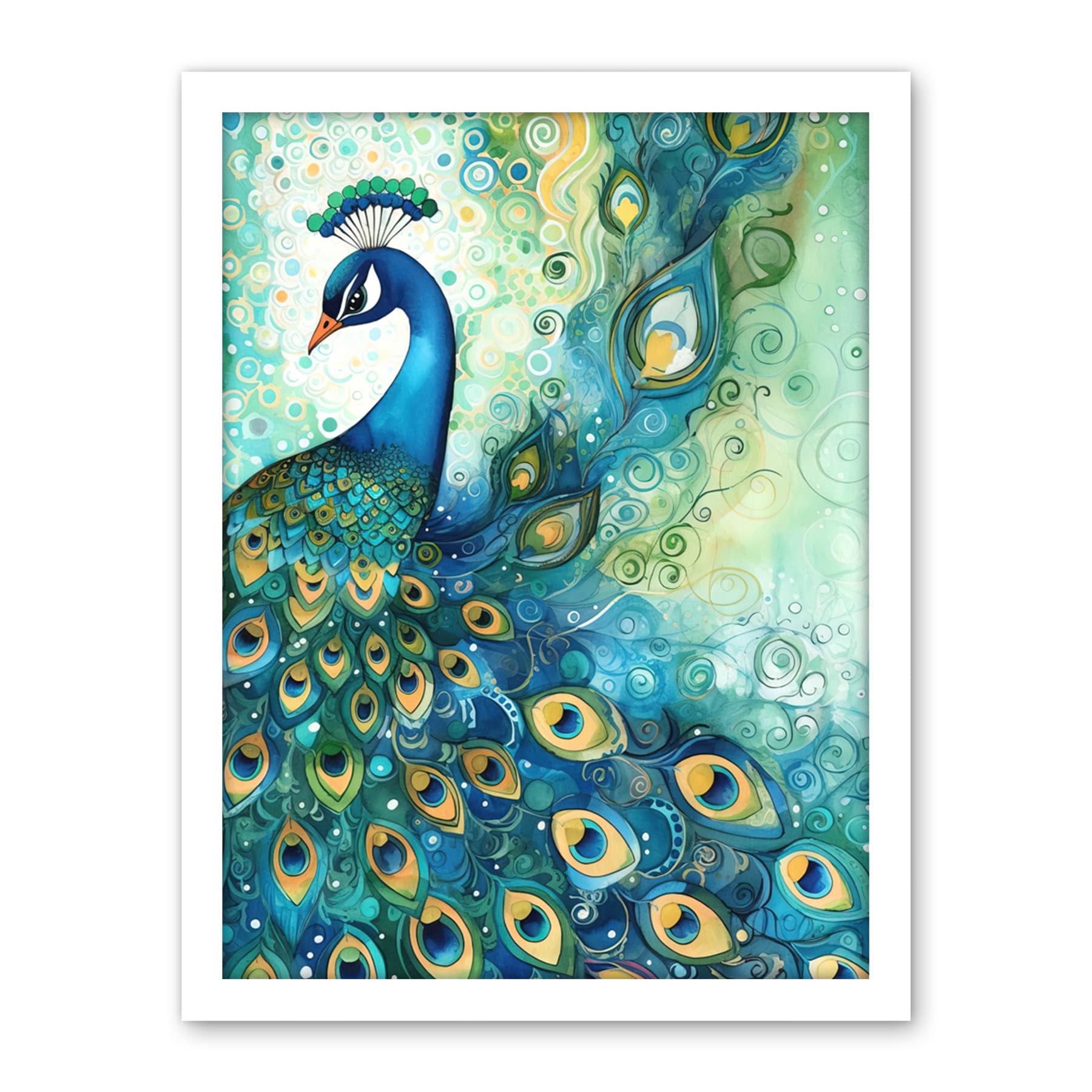 Artery8 Peacock Bird Concept Folk Art Watercolour Painting Artwork Framed Wall Art Print 18X24 Inch