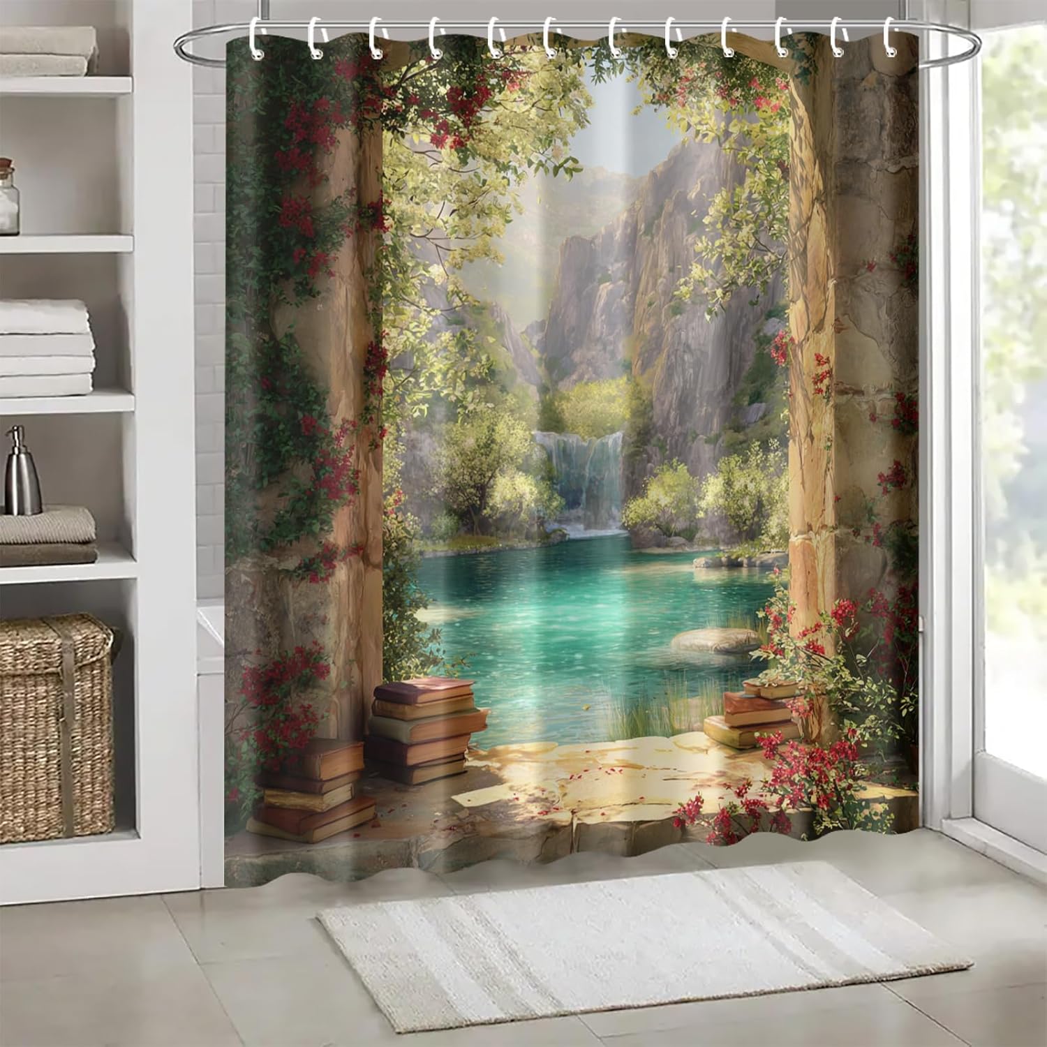 Waterfall Window View Shower Curtain 72x72 Inch Mountain Lake Scene Fabric for Rustic Country Bathroom Decor Nature Landscape Style