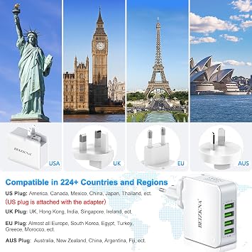 Travel Adapter 4 USB Universal Charger Plug Adaptor 22W 4.4A Multi USB Wall Plug with UK EU USA AUS Japan Plug Worldwide Universal Power Adapter for iPhone, iPad, Android, Tablet