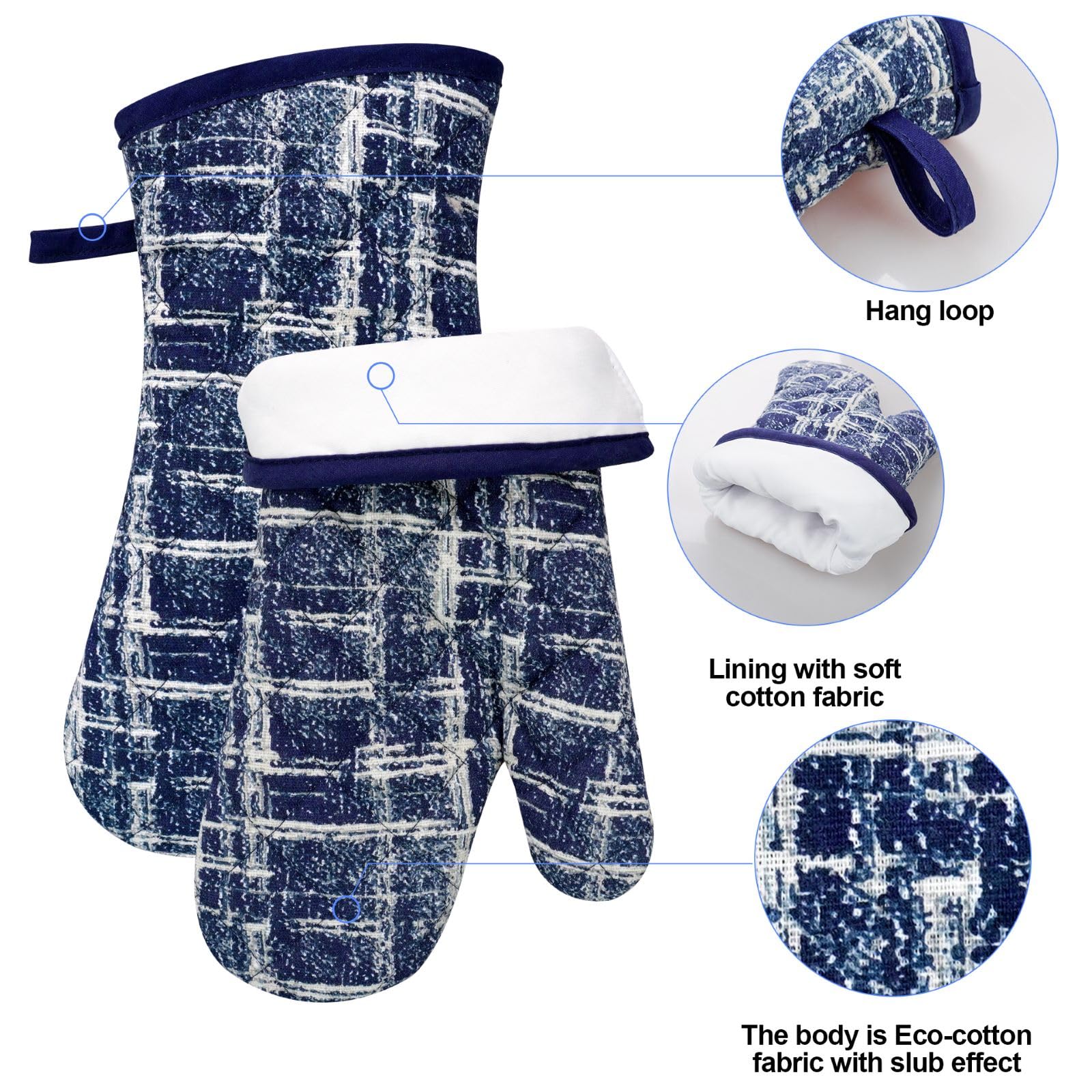 Alselo Juego de 5 guantes de cocina resistentes al calor y agarraderas antideslizantes de silicona con hebilla ajustable para el cuello, diseño bonito de algodón para cocinar (azul marino)