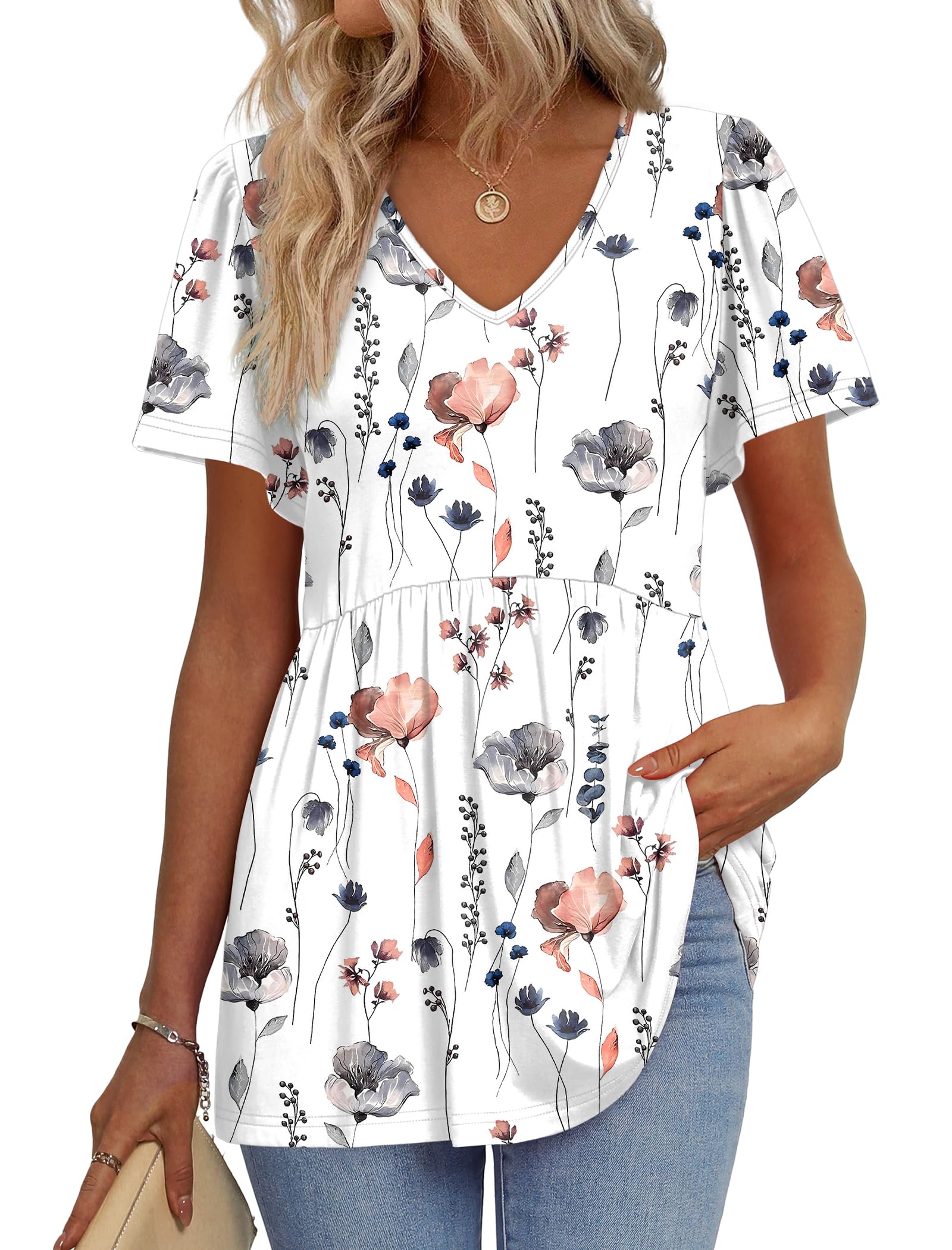 OFEEFAN Womens Summer Tops Babydoll Short Sleeve Shirts Puff Sleeve Peplum Tops V Neck T Shirts