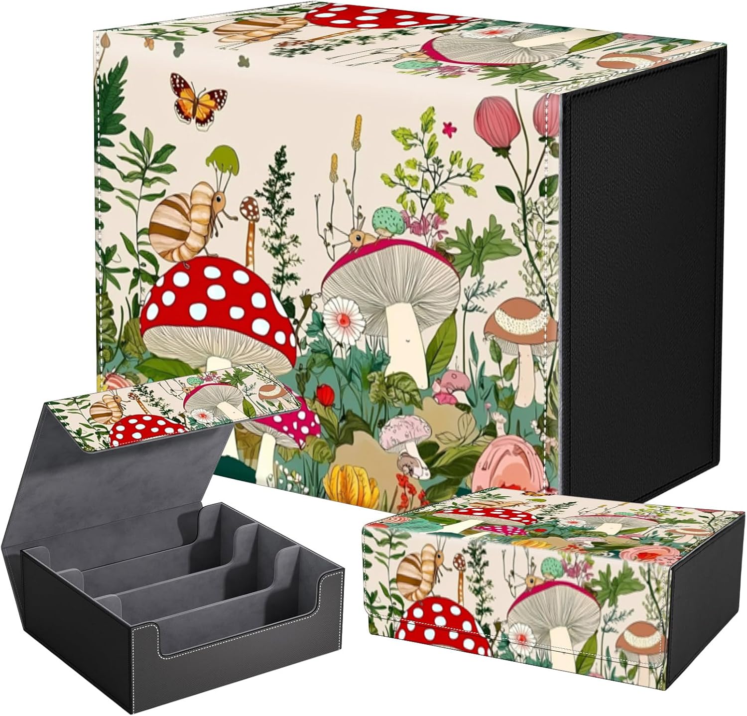 DEGDFSGR Card Game Storage Box for TCG MTG Commander Deck Box MTG Card Box Organizer Trading Card Case Magnetic Closure Creative Pattern Up to 2400 Cards, Snails Mushrooms Butterflies