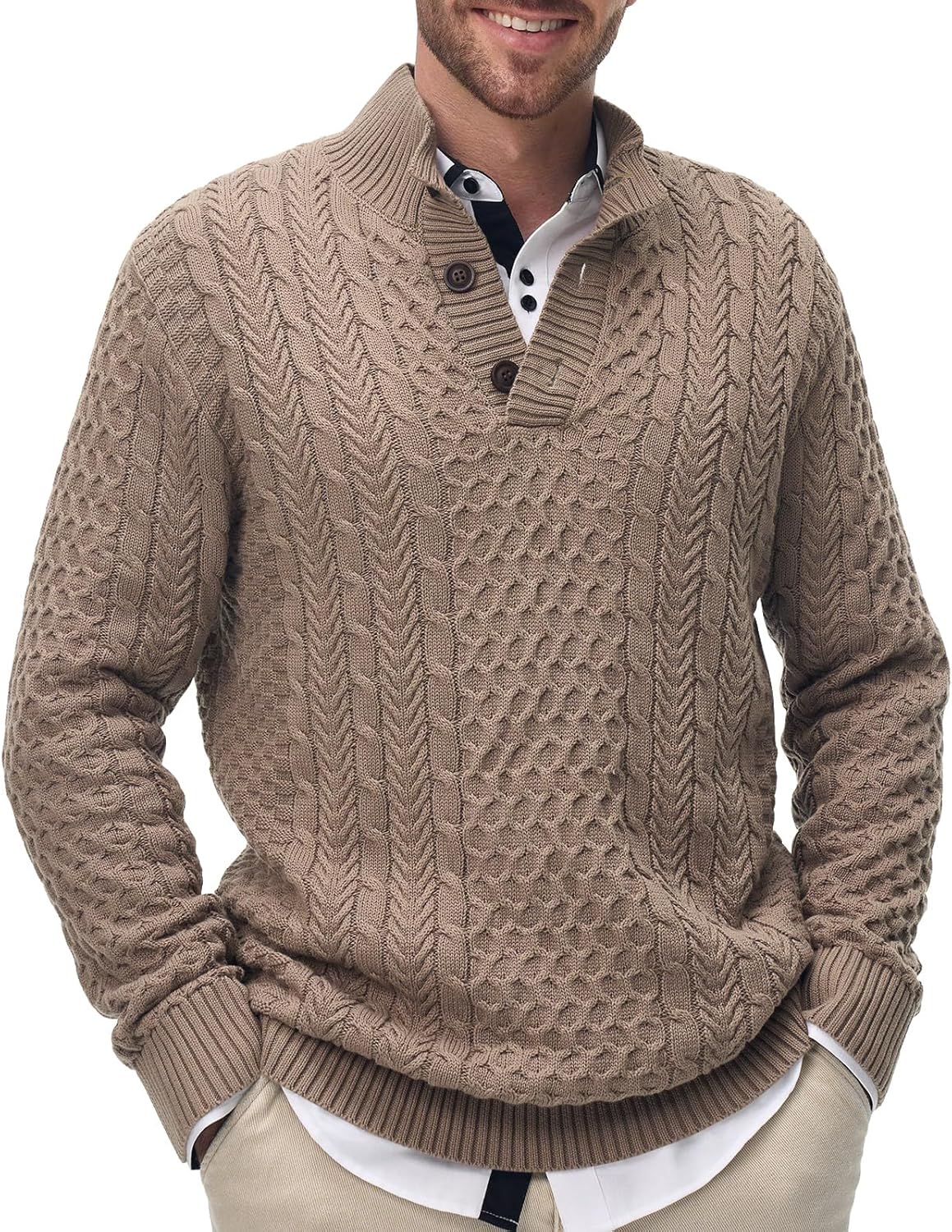 Mens Stand Collar Pullover Sweater Slim Fit Button Casual Knitted Sweaters Twisted Thermal Fashion Henley Sweater