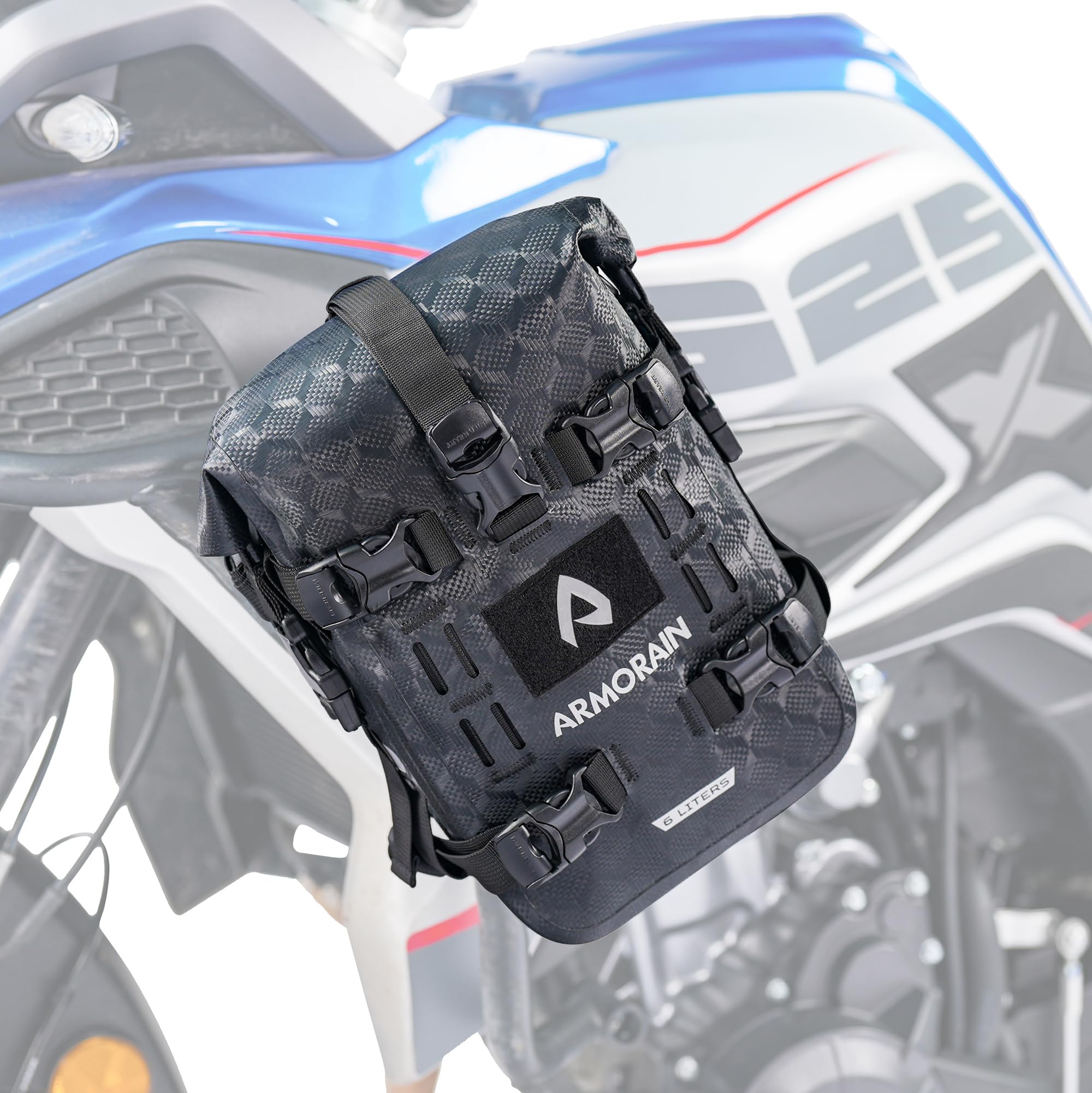 ARMORAIN バイク用クラッシュバーバッグ 防水 収納容量 6L/8L バンパーパック テールバッグ ユニバーサルモーターキット (6L Black Imitation Carbon Fiber)