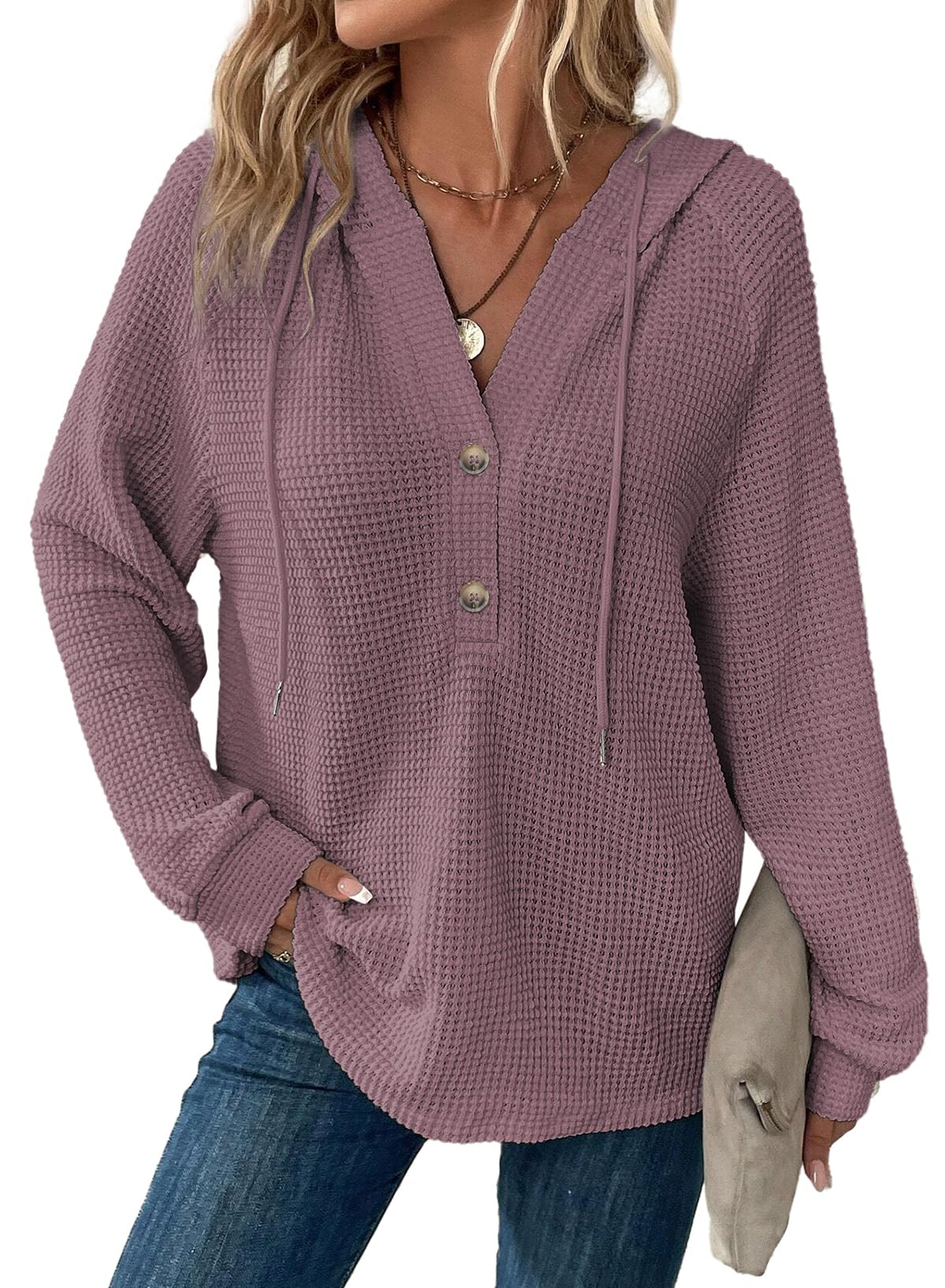 Dokotoo Hoodies for Women Waffle Knit Button V Neck Casual Sweatshirt Tops