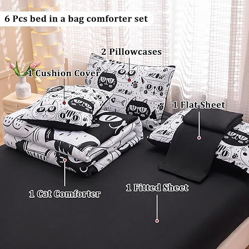 Miniatura 3 de Juego de ropa de cama individual para niñas, ropa de cama linda de 6 piezas, juego de edredón blanco y negro con gatos, juegos de edredón para niñas