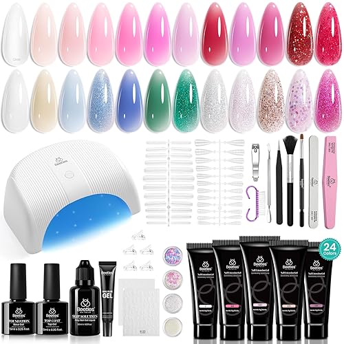 Miniatura 111 de Beetles - Kit de gel de extensión de uñas de polietileno con luz UV: juego de 6 colores de gel constructor rosa con purpurina blanca con capa base