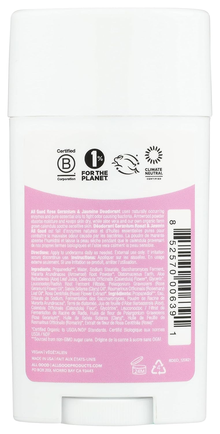 All Good Aluminum Free Deodorant Stick - Natural Deodorant w/Shea Butter & Aloe Vera, Bio-Active Formula, Vegan, Underarm Odor Protection for Men & Women (Rose Geranium & Jasmine) image 2