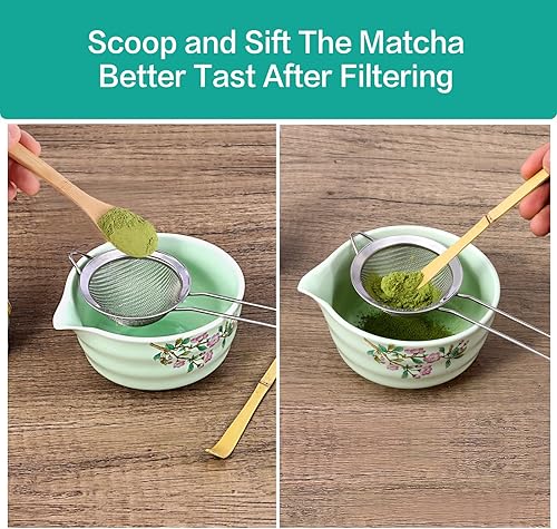 Miniatura 4 de Juego de batidor de matcha verde, juego de 6 piezas, incluye cuenco de matcha con boquilla, batidor de matcha y soporte, tamiz, cuchara y cuchara de