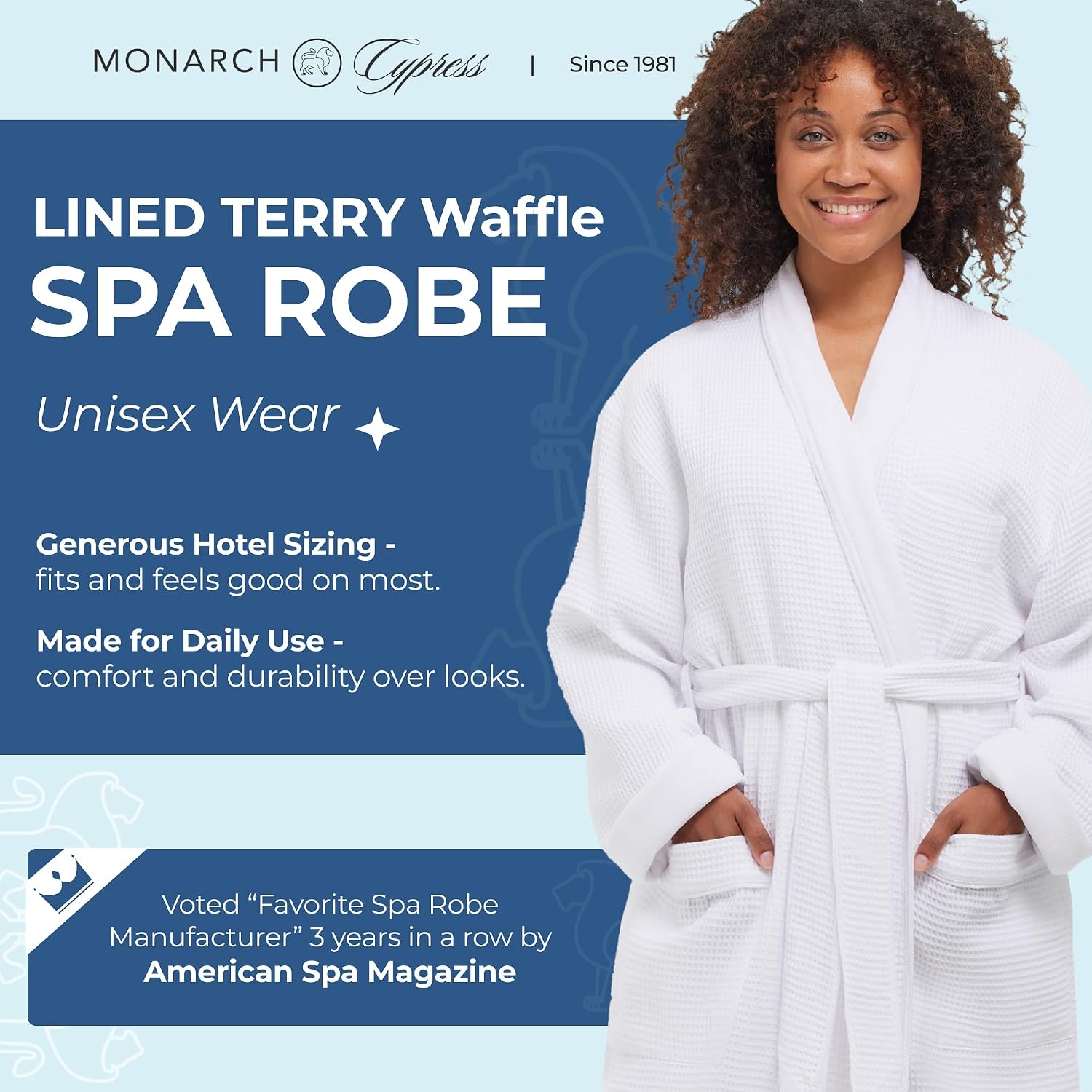 MONARCH Unisex Plush Lined Waffle Spa Robe – Soft and Warm Textured Fabric, Generously Sized Hotel & Spa Robe with Pockets