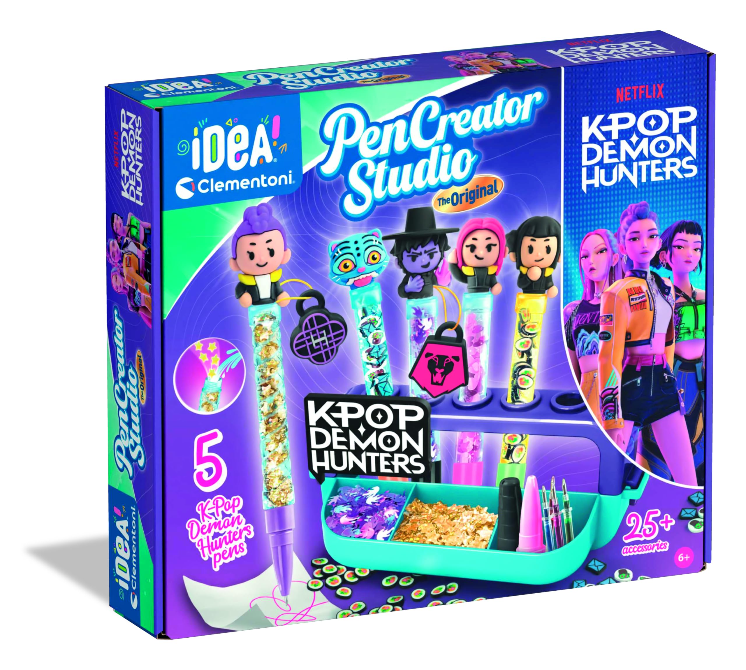 Clementoni Mein Stift-Atelier KPop Demon Hunters - DIY Stifte-Set mit 5 Stiften & Figuren, Verzierungen & Aufklebern - Kreativspielzeug & Geschenk-Set für Kinder ab 6 Jahren - 18476