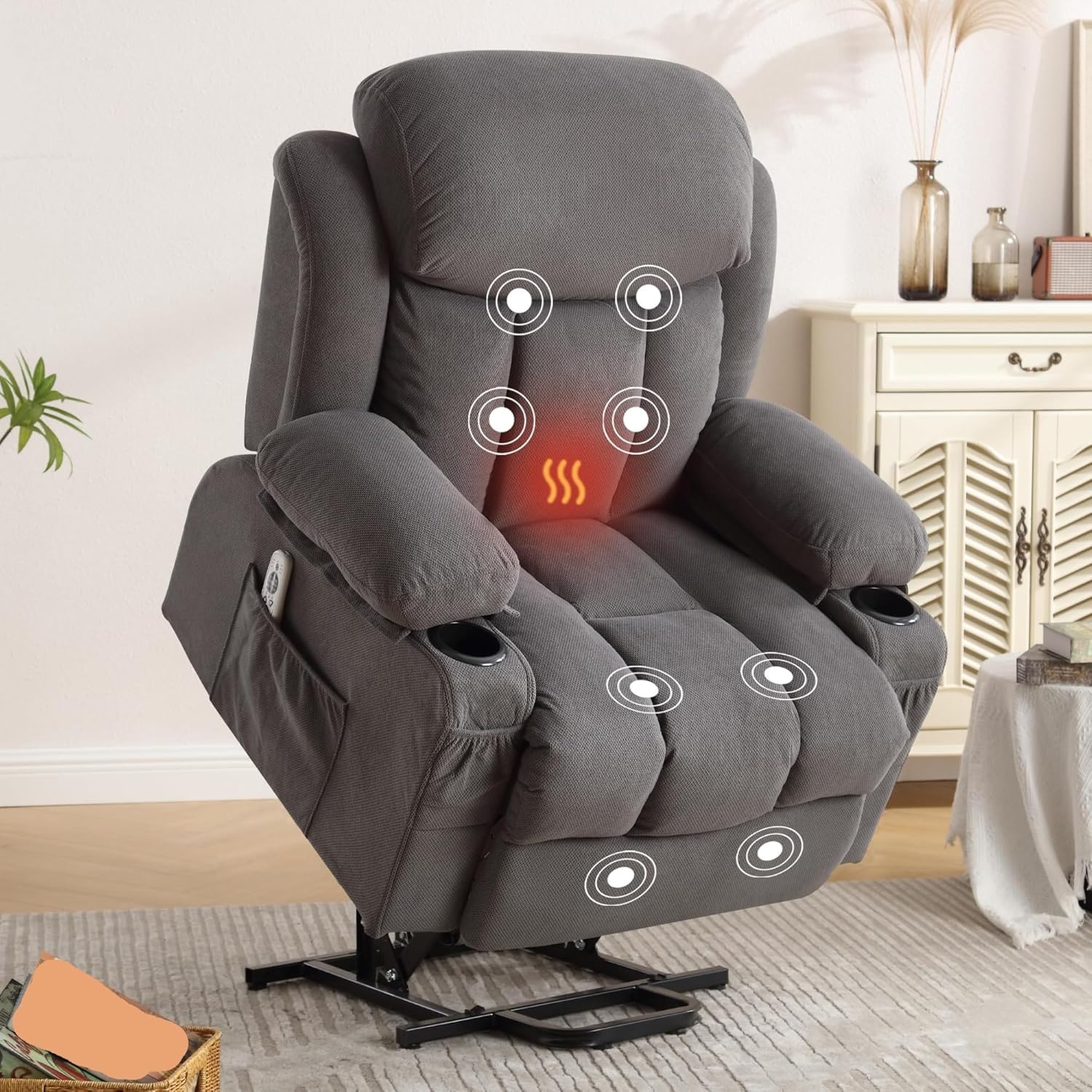 Living Room Oversized Single Sofa with Cup Holder and USB Charge Port Power Lift Recliner Chair with Vibration Massage and Lumbar Heating Electric for Elderly