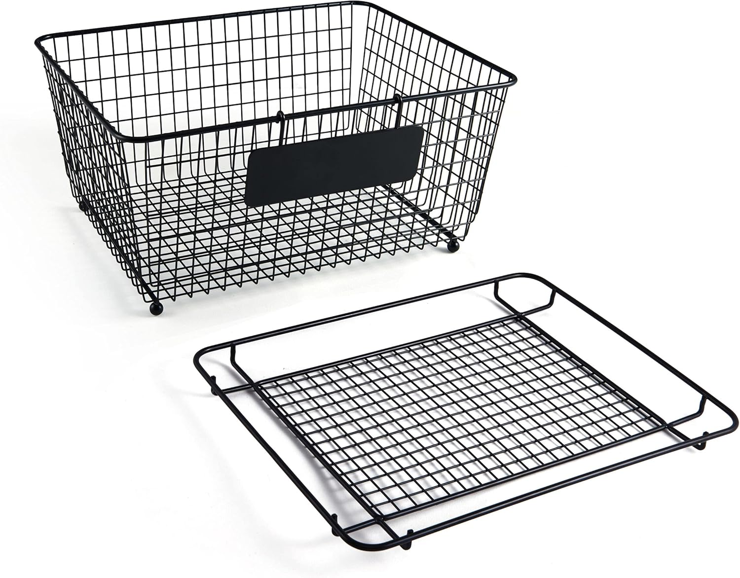 Mikasa Gourmet Basics Chalkboard Stackable Storage Basket with Lid, Wire Frame Storage Basket for Home - Handcrafted Iron, Removable Chalkboard Label, Versatile & Stylish (13.5" x 10.5" x 6")