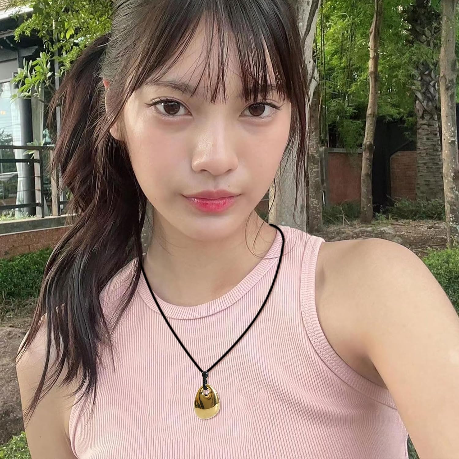 Pendant Necklace Stylish Black PU Leather Cord Necklace Chic Bean Pendant Clavicle Chain Adjustable Geometric Charm Neckchain Accessory, Gold - Image 7