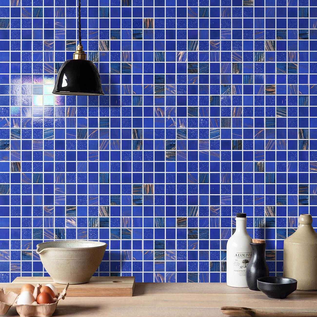 11.5 Sq.Ft Iridescent Cobalt Blue Glass Mosaic Tiles, 12.9" Sheets (10-Pack), Waterproof Mesh-Mounted for Swimming Pool & Shower Floor, Grout Required (Not Peel and Stick), 4mm Dark Blue