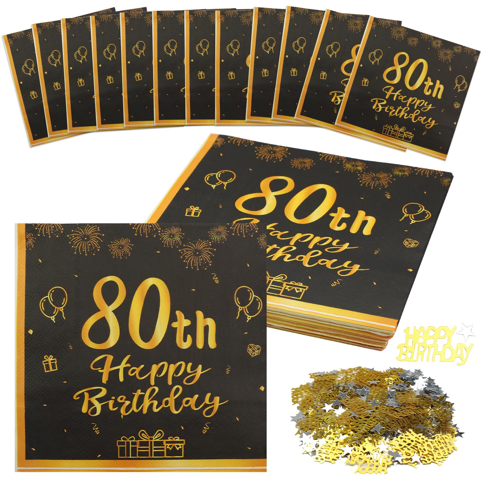 40 Pcs Birthday Napkins, 2 Layers Black Gold Napkins & Confetti, 80th — image 1