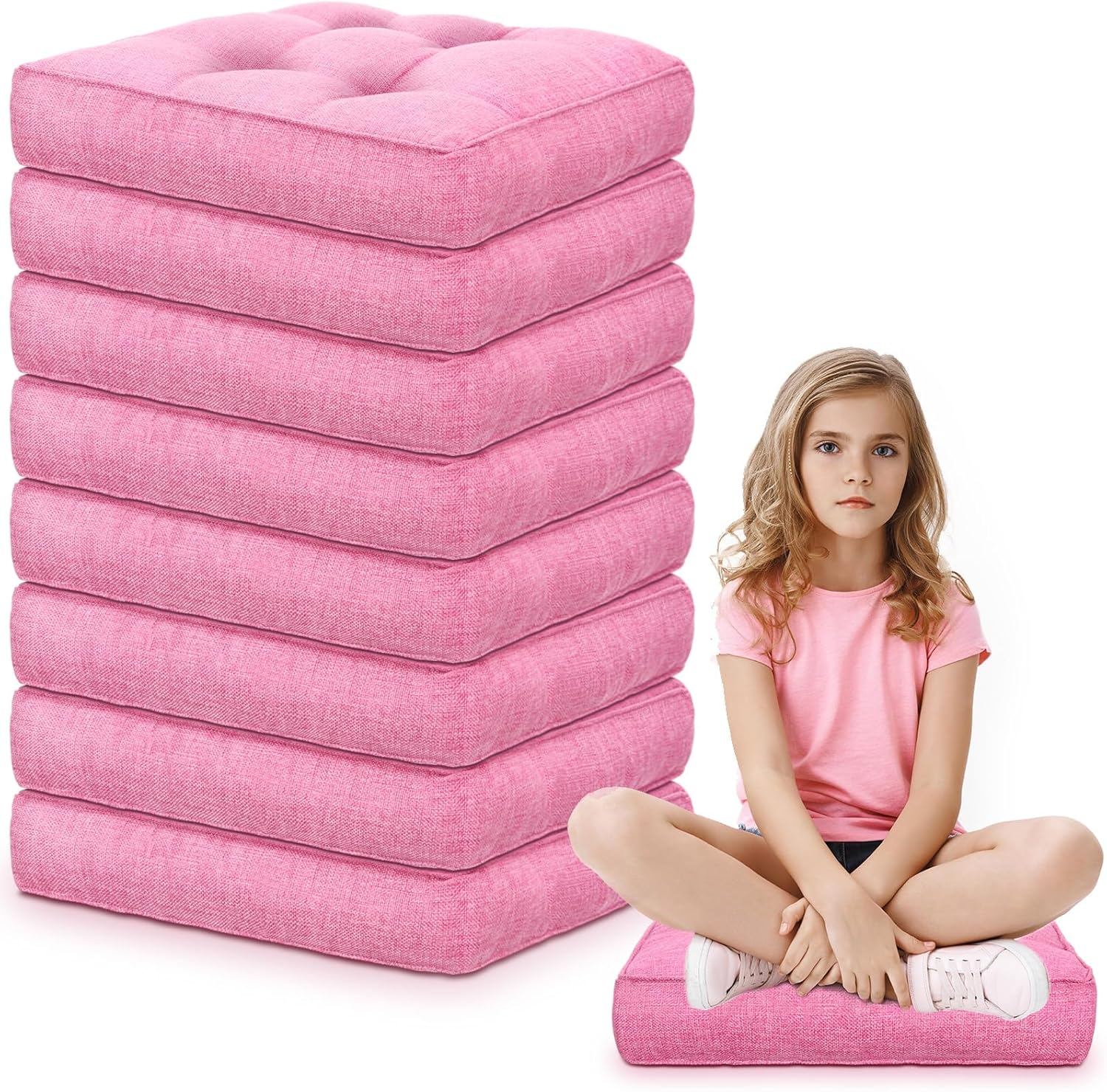Fumete 8 Pcs Square Floor Pillows for Kids and Adult 16''x16'' Flexible Seating Floor Cushion for Classroom Multicolor Meditation Cushions for Home Daycare Preschool Yoga Meditation (Pink)