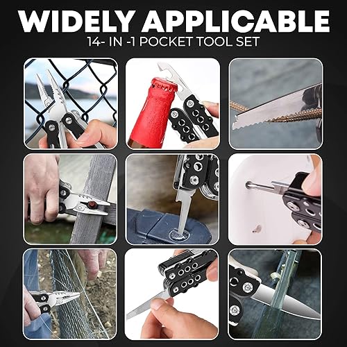 Miniatura 6 de Alicates multiherramienta 14 en 1 de acero inoxidable, grandes accesorios de camping, regalos de múltiples herramientas para hombres con soporte