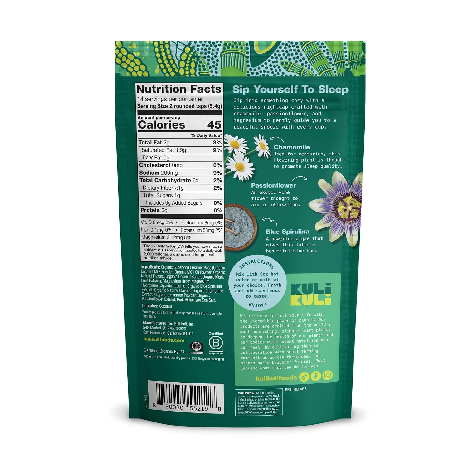Kuli Kuli Vanilla Lavender Superfood Latte - Magnesium - Vegan & Organic Sleep Support with Chamomile, Passionflower, and Lavender - Plant-Based Drink image 2