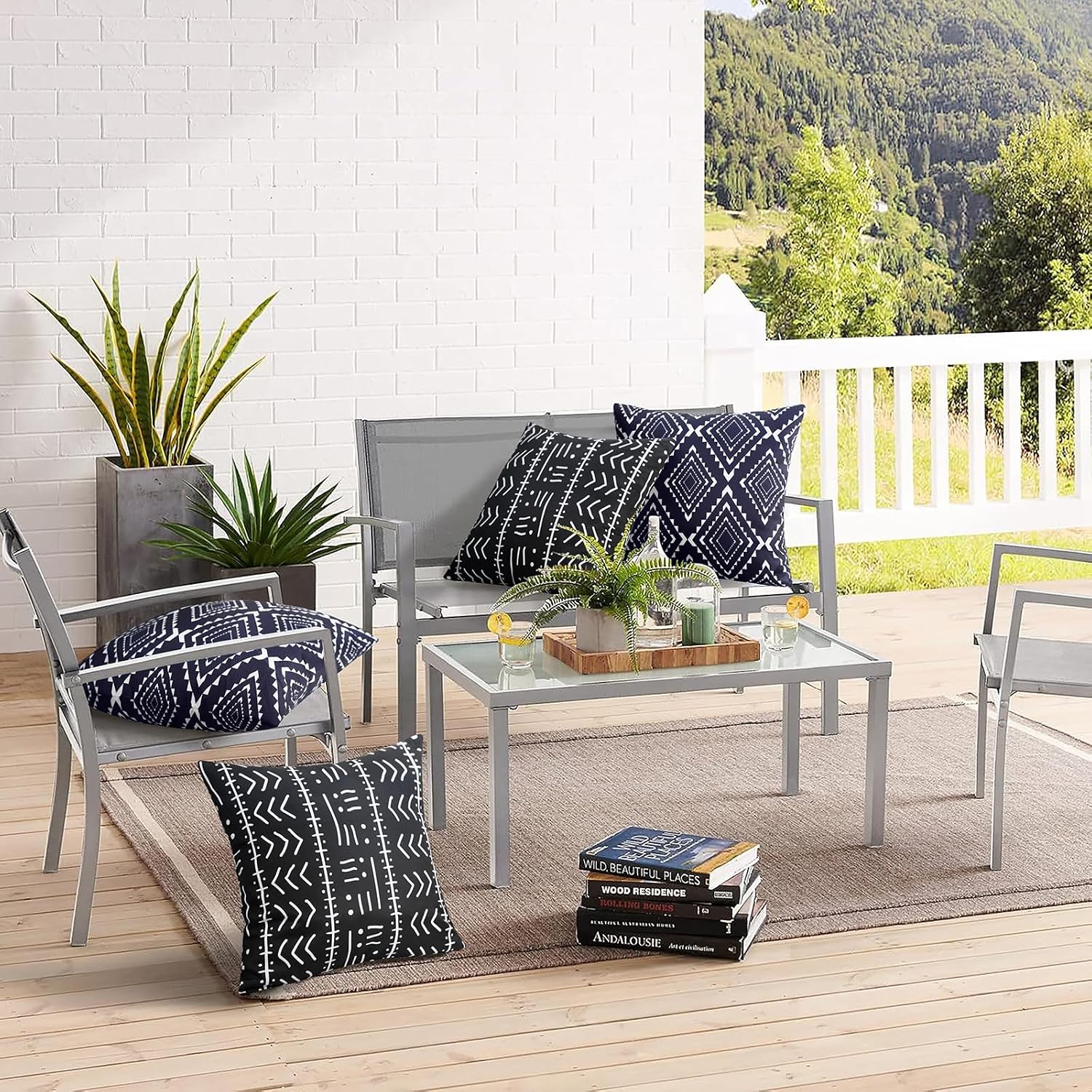 Merrycolor Set of 2 Outdoor Waterproof Throw Pillow Covers Black and White Pillow Covers Geometric Decorative Square Pillowcases Farmhouse Boho Outdoor Pillows for Patio Furniture 18x18 Inch